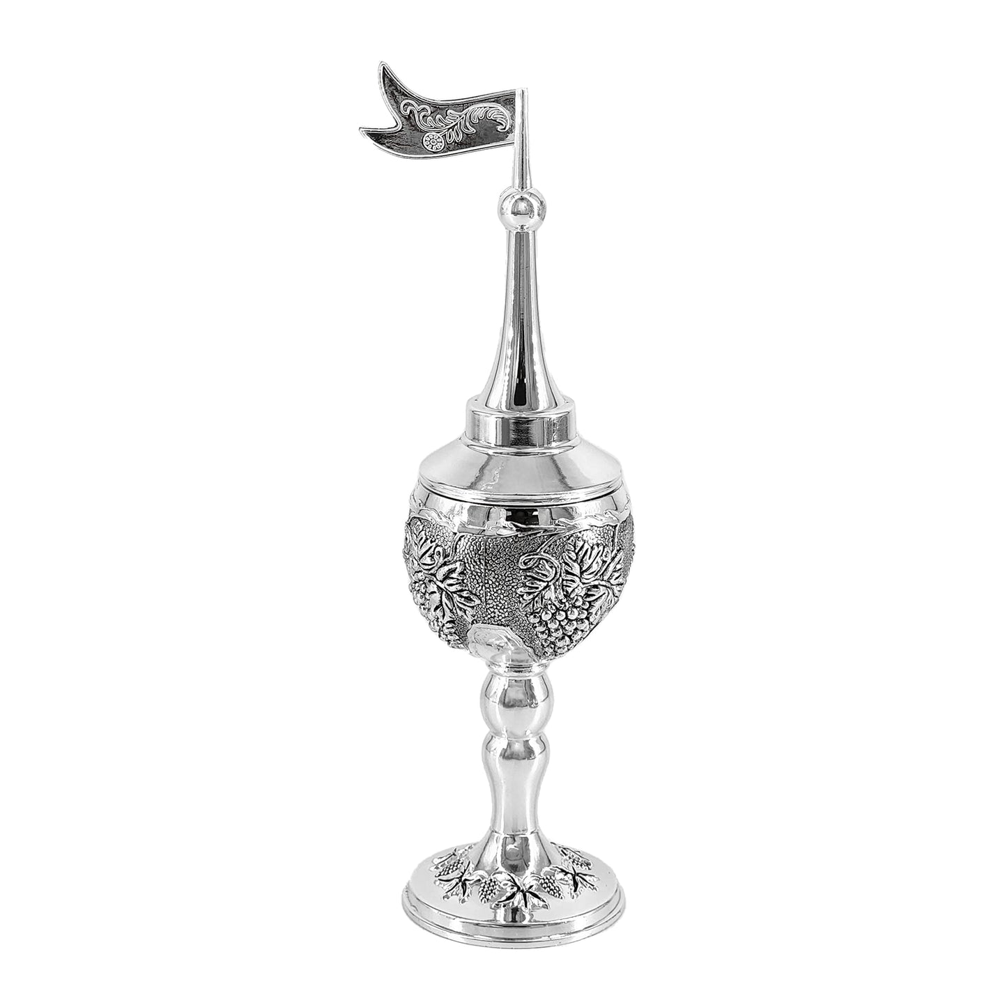 The Dreidel Company Havdalah Set, Grape Theme Wine Goblet, with Candle and Spice Incense Holders, Silver Plated