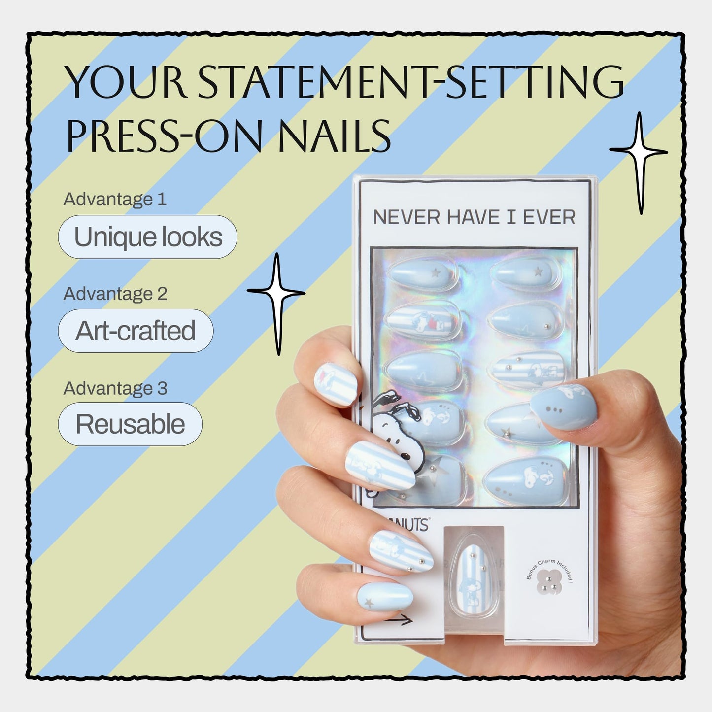 Never Have I Ever Stripes Short Almond Press On Nails 24 Piece Soft Gel False Nails for Everyday Wear Reusable Comfortable Fit for Women As Seen on Shark Tank