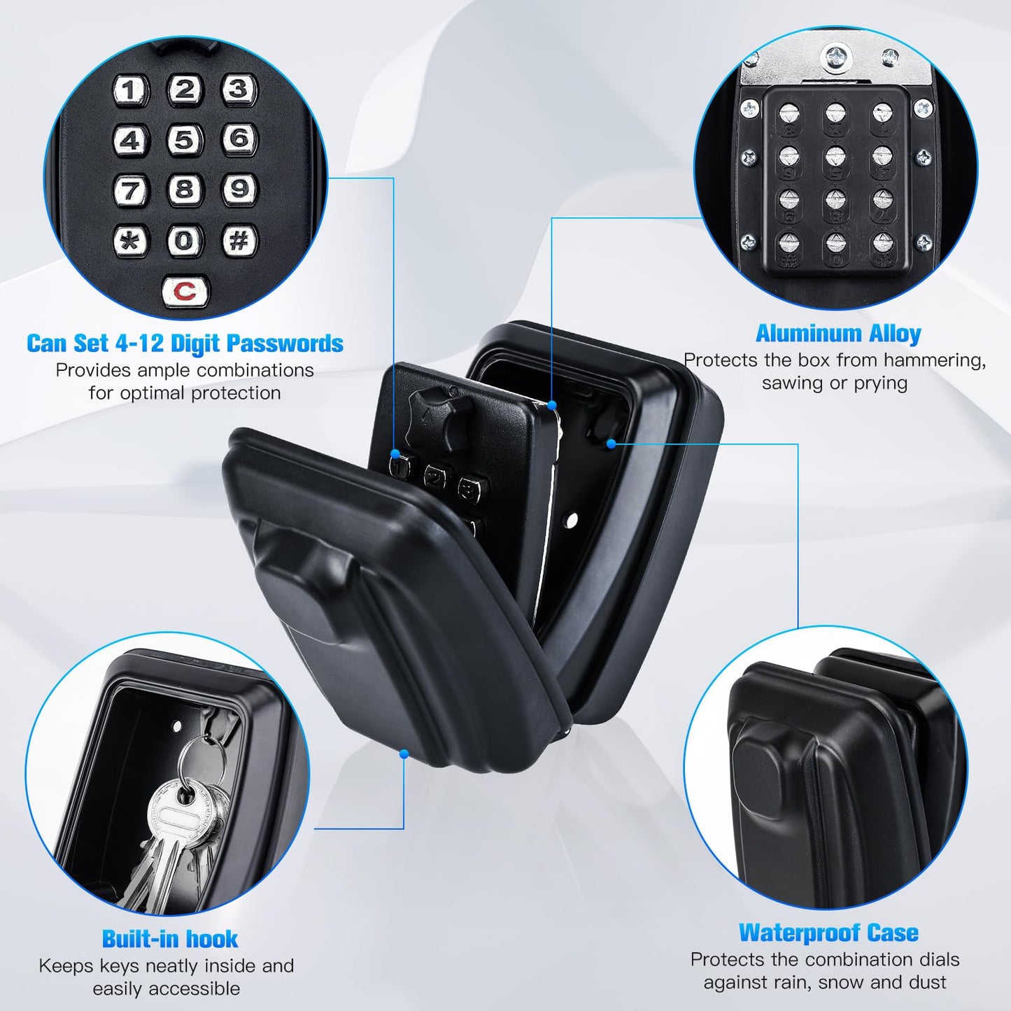 Thlevel Key Lock Box for Outside, Key Safe Wall Mounted Outdoor Waterproof Extra Large Key Box 12-Digit Combination Key Storage Box with Weatherproof Cover for Home Garage School Office, Black