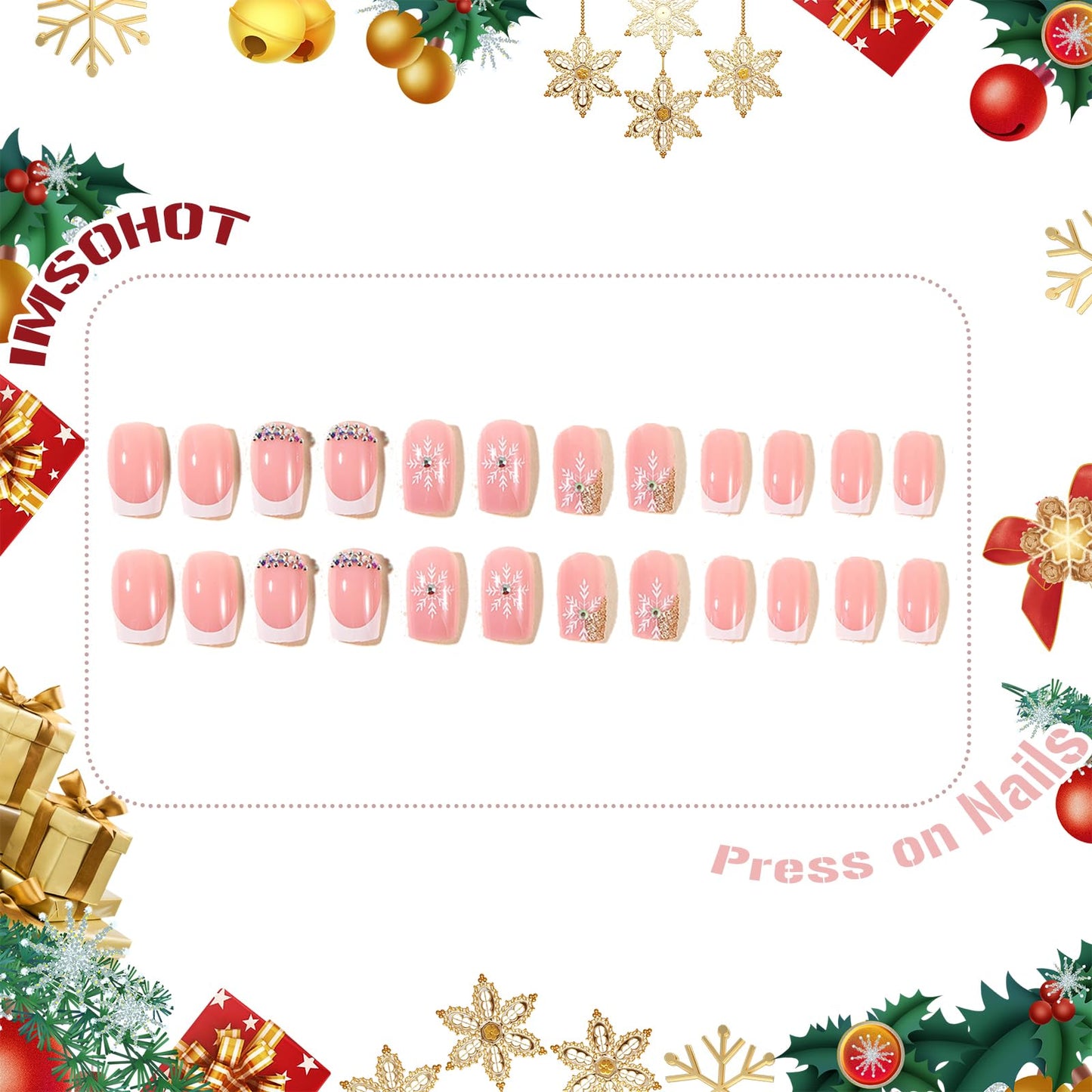IMSOHOT Medium Square Press on Nails, White French with Snowflake Gold Glitter & Rhinestone Acrylic Nails, 24PCS