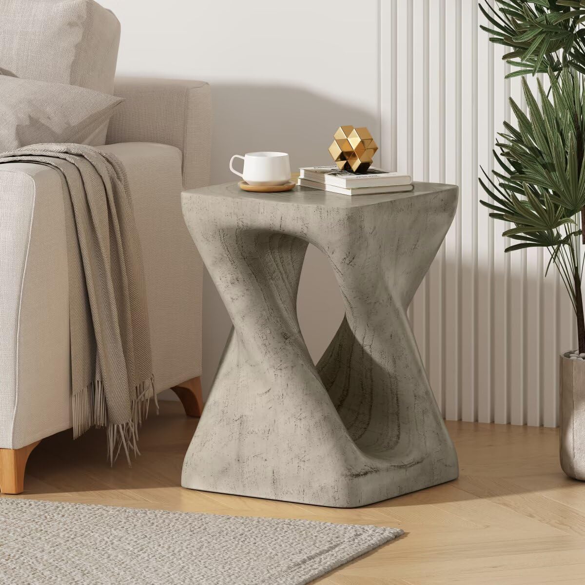 Modern End Table Square Solid Wood Pedestal Side Table Rustic Plant Stand with Twisted Design for Living Room, Bedroom, Office, Grey