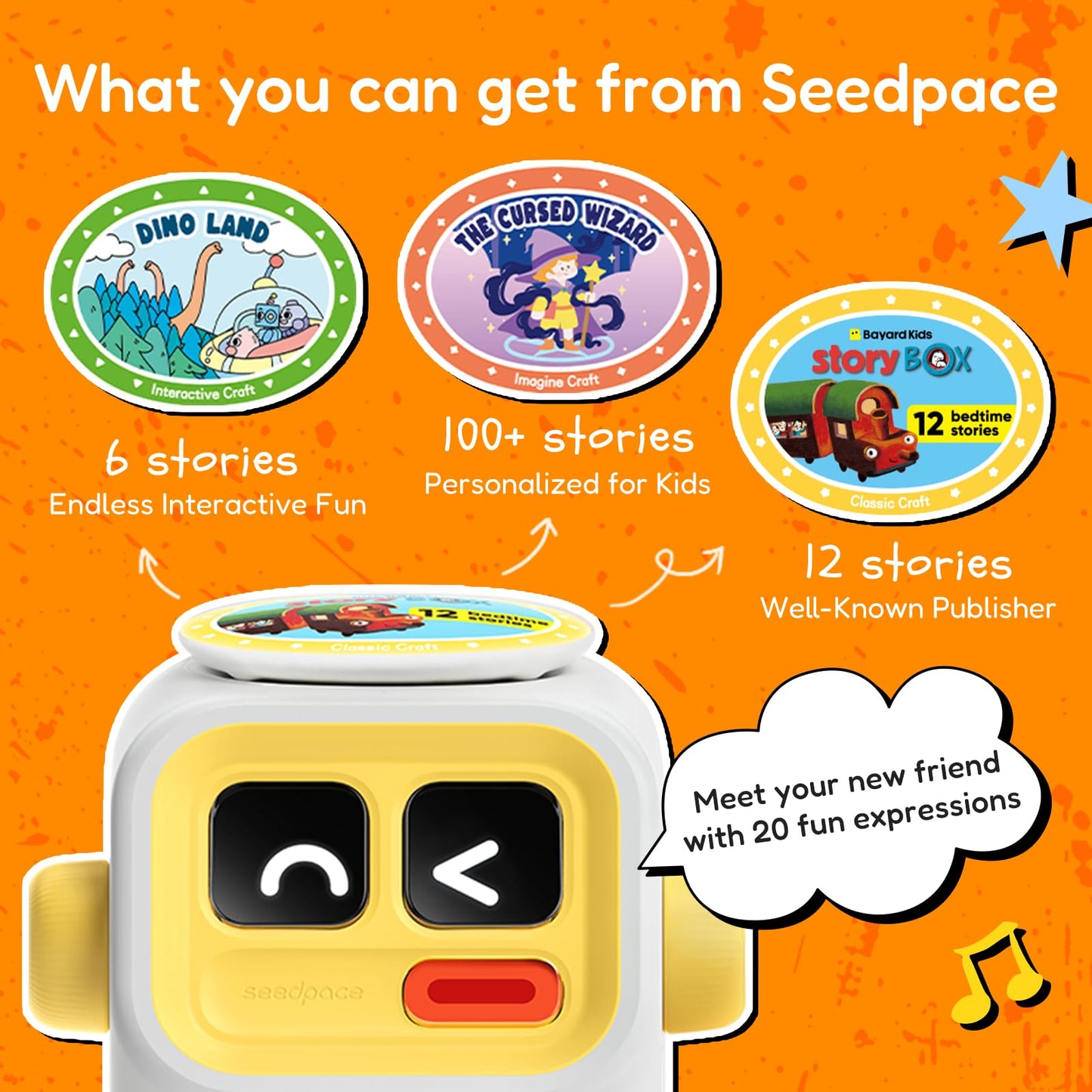 seedpace Interactive Story Machine for Kids: Screen-Free Player with 3 Story Books, 120 Stories, 600 Minutes, Bluetooth Speaker, Robot Pet, Educational Toy, Learning, Toddlers Gift