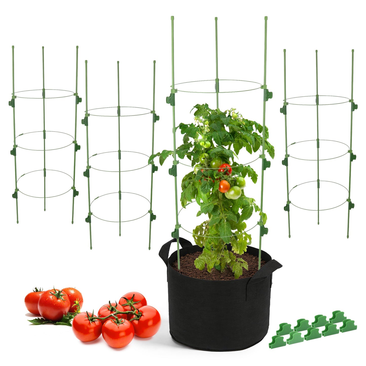 4 Pack 35.4" Tall Tomato Cages for Pots and Containers, Adjustable Tomato Plant Support with Sliding Clips, Plastic-Coated Metal Tomato Trellis Cage for Patio, Raised Bed & Garden Vegetables