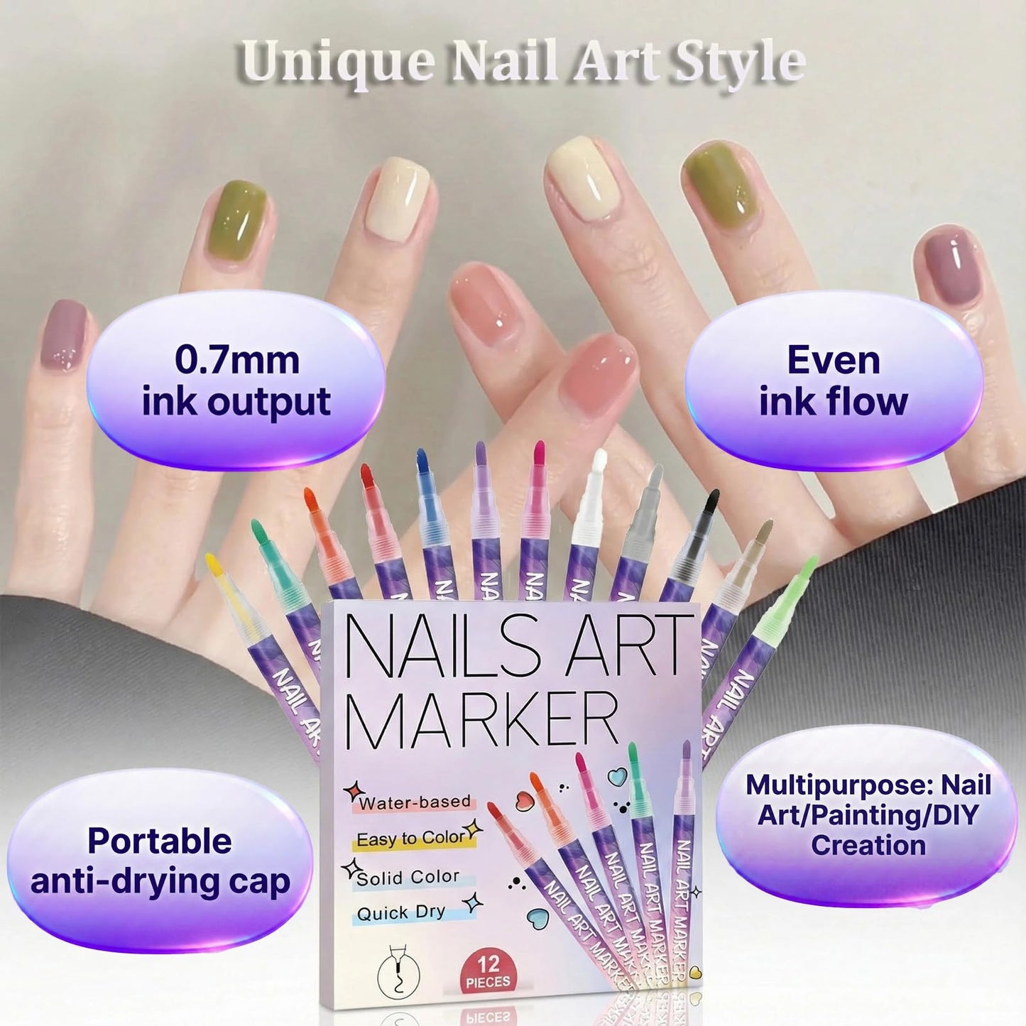 12 Colors Nail Art Pens Set, 0.7MM Quick-dry Nail Art Markers, Multi Purpose Acrylic Paint Pens Kit for Drawing & Home Salon Nail DIY