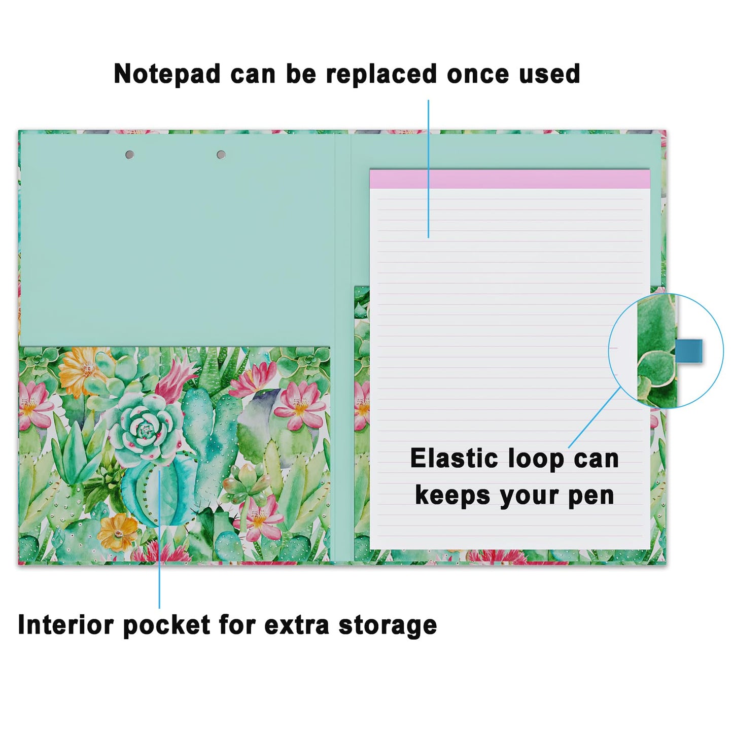 Cute Clipboard Folio with Refillable Lined Notepad and Interior Storage Pocket for Office Stylish A4 Foldable Clipfolio - Cactus Flowers