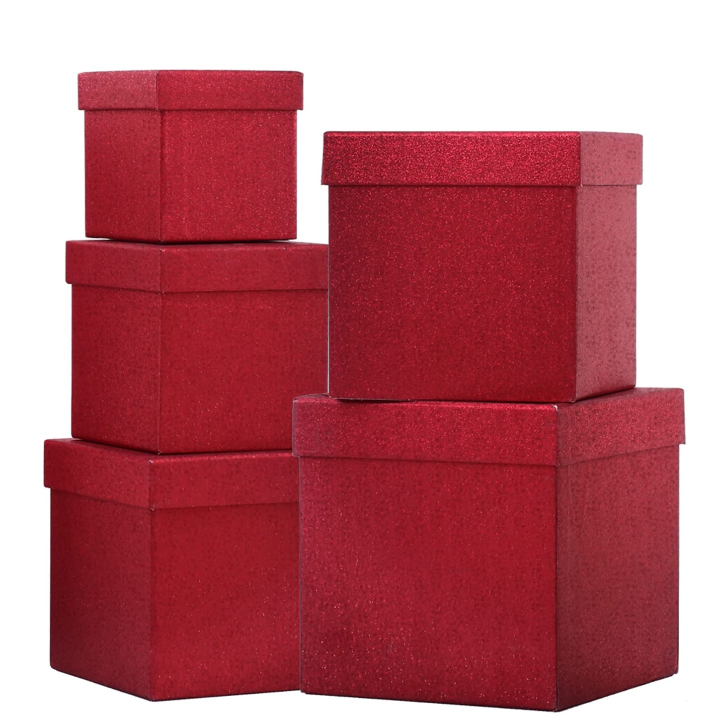 UNIQOOO 5Pcs Red Glitter Xmas Gift Box Set with Lid, Assorted Size, Square Nested Wedding Keepsake Boxes, Holiday Paper Box Tower For Birthday Party, Valentine's Day Gift Wrap Packaging