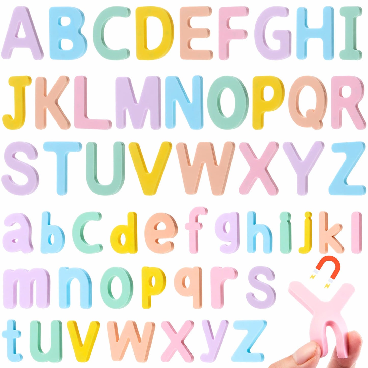 VioraWhite 52 Pcs Food Grade Silicone Magnet (Sealed Magnet, Cpc Certified) Magnetic Toddler Fridge Bulk ABC Educational Learning Toy for Kid Baby Girl Boy Gift(Candy Color)