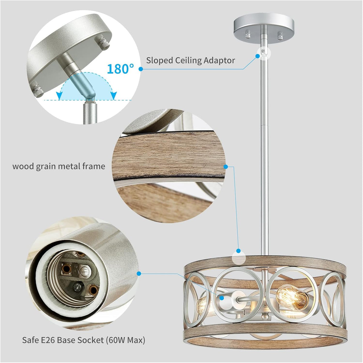 XINGQI Modern Ceiling Light Adjustable Height Pendant Lighting Fixture Brushed Nickel Wood Grain Metal 13" Rustic Round Lights for Dining Room Kitchen Bedroom Foyer Hallway