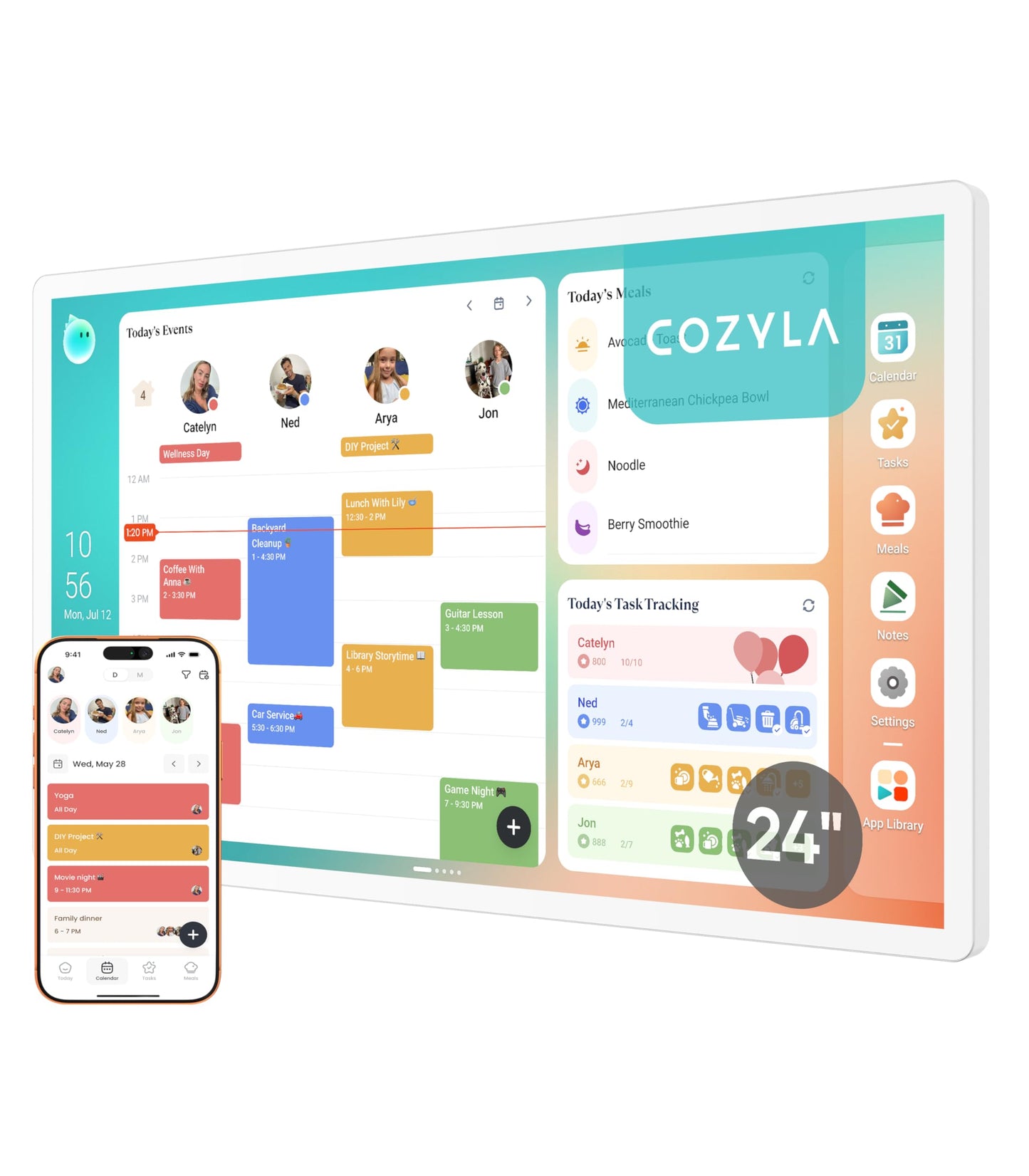 Cozyla Calendar Plus 2: 24" Smart Digital Calendar Wall Touch Screen & No Subscription Family Dashboard, Electronic Display for Family System- Chore Chart, Meal Planner, Support App Store Wall Mount