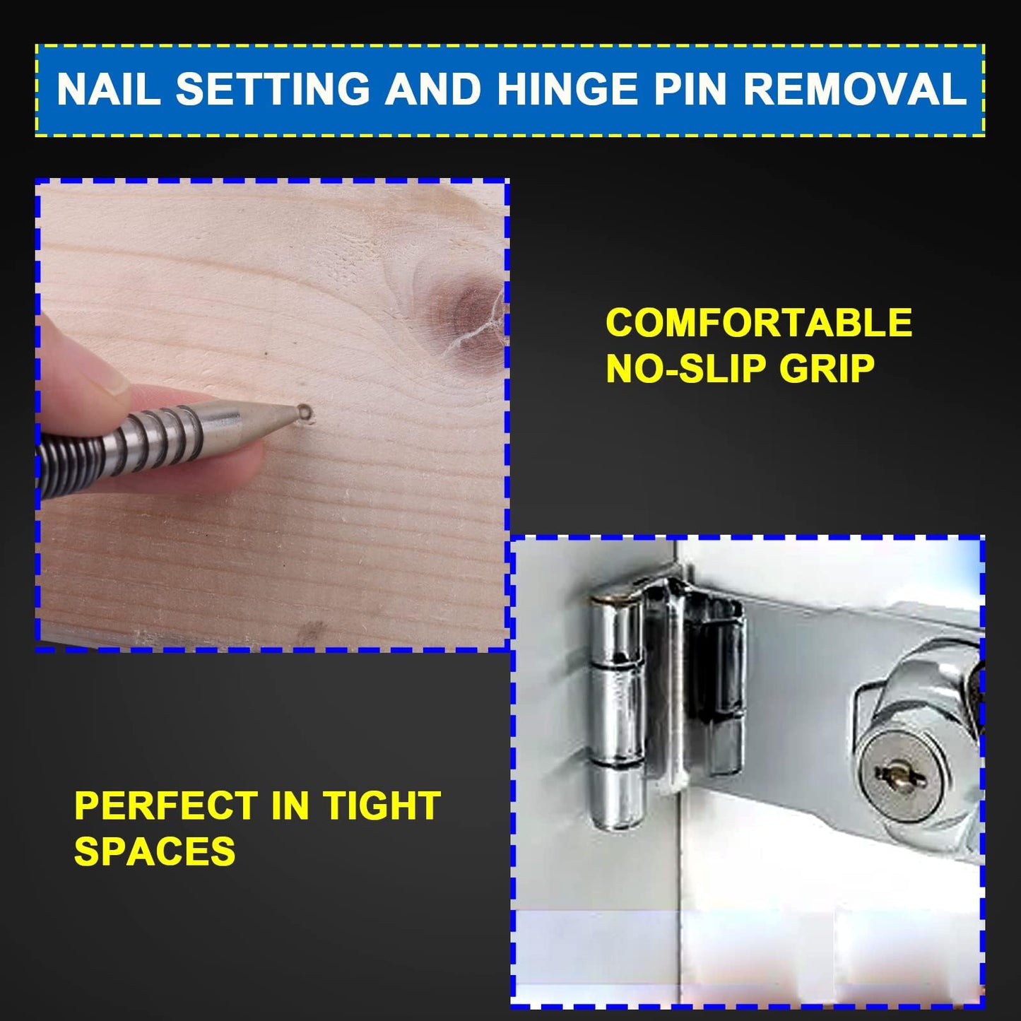LSTOPGO Spring Nail Set with Size Marked,Spring Loaded Center Punch,4pcs Dual Head Nail Setter,Hammerless Door Hinge Pin Removal Tool（1/8-in, 3/32-in, 3/16-in, 1/16-in, 1/32-in, 1/8-in）