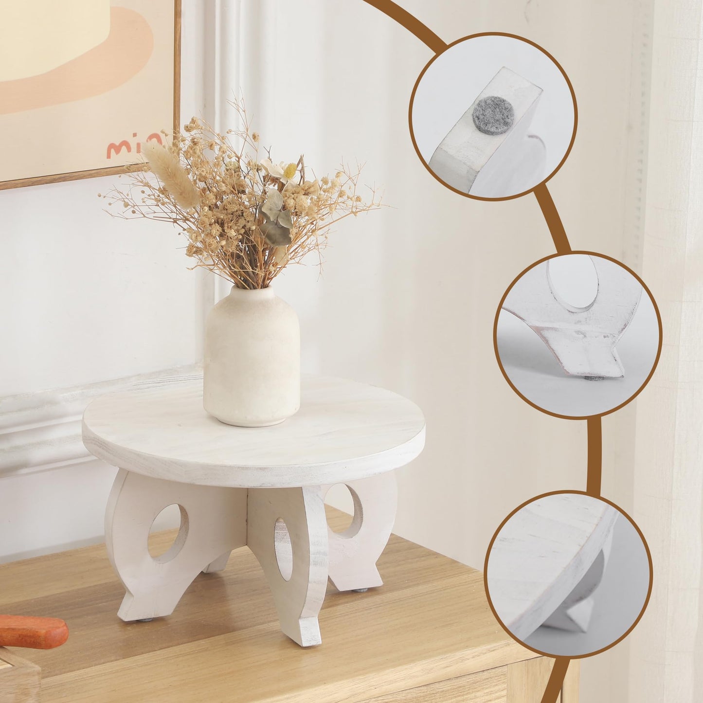 VZODESR Small Plant Stand Kitchen Display Stand 10 inch Plant Holder Plant Stool Round Stand Risers Farmhouse Rustic Balcony Decor Pedestal Board Washed White