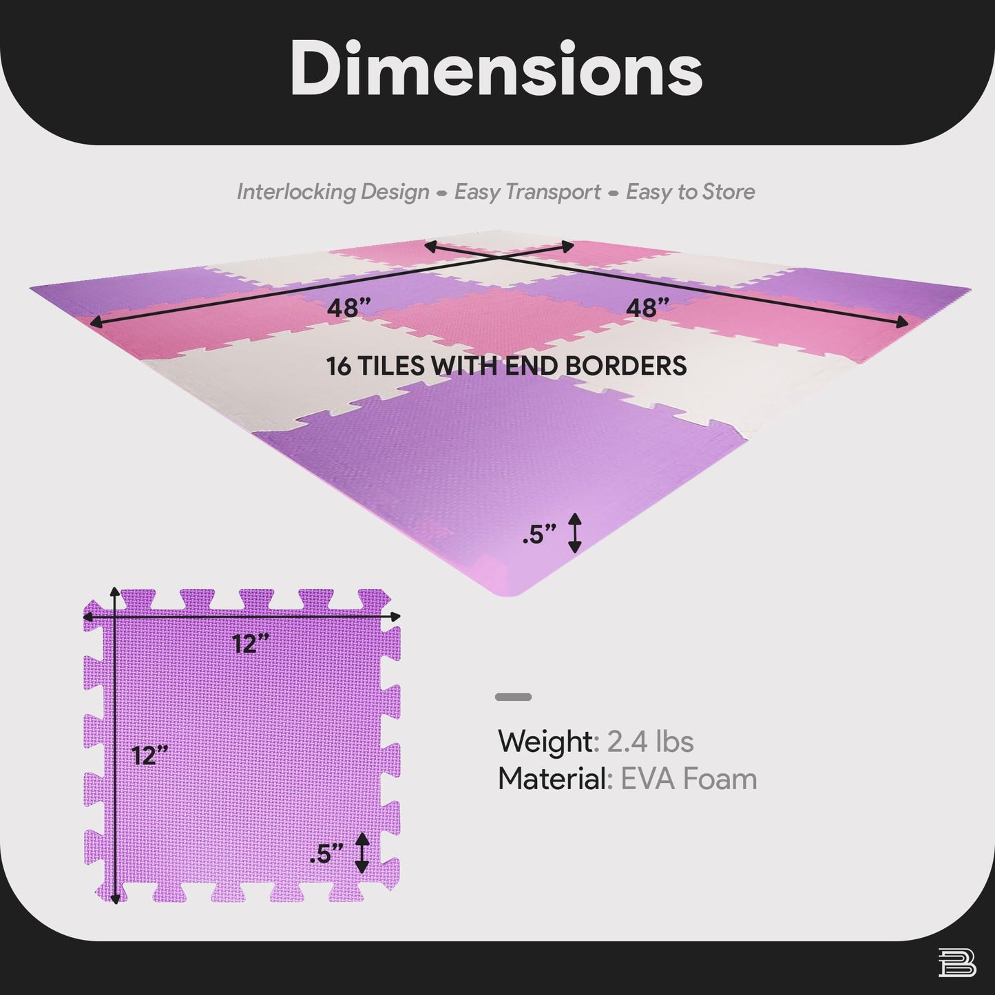 BalanceFrom 16-Pack 12x12 Inches EVA Interlocking Foam Play Tile Mat, Pink/Purple/Beige – 0.4-Inch Thick Non-Slip Puzzle Flooring for 16 Square Feet in Playroom, Nursery, or Playpen at Home
