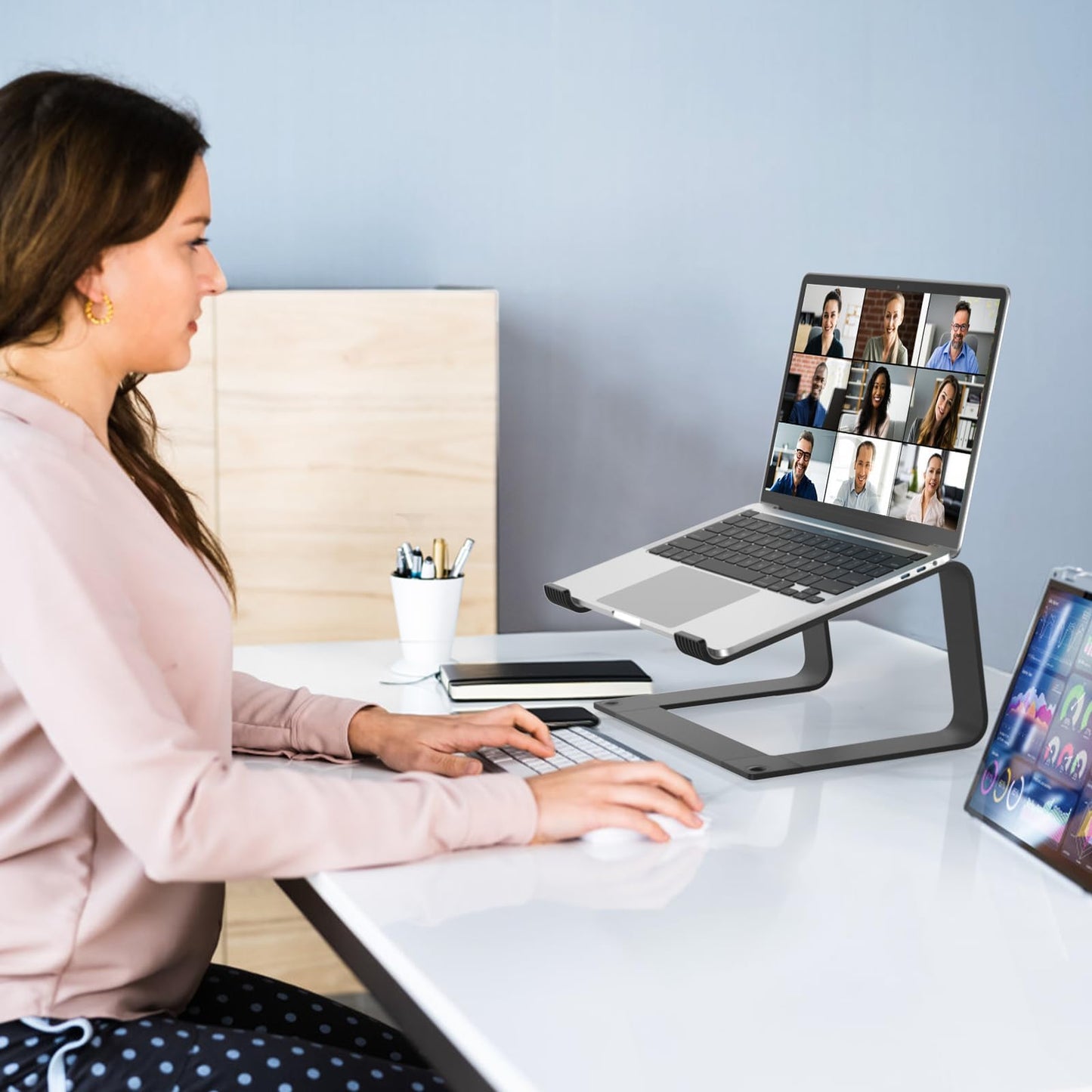 GleYo Laptop Stand for Desk Portable Computer Riser Metal Notebook Holder Printer Stand Office Desk Accessories Compatible with MacBook Air, Pro, Dell, HP, Lenovo and All 10-16" Laptops, Black