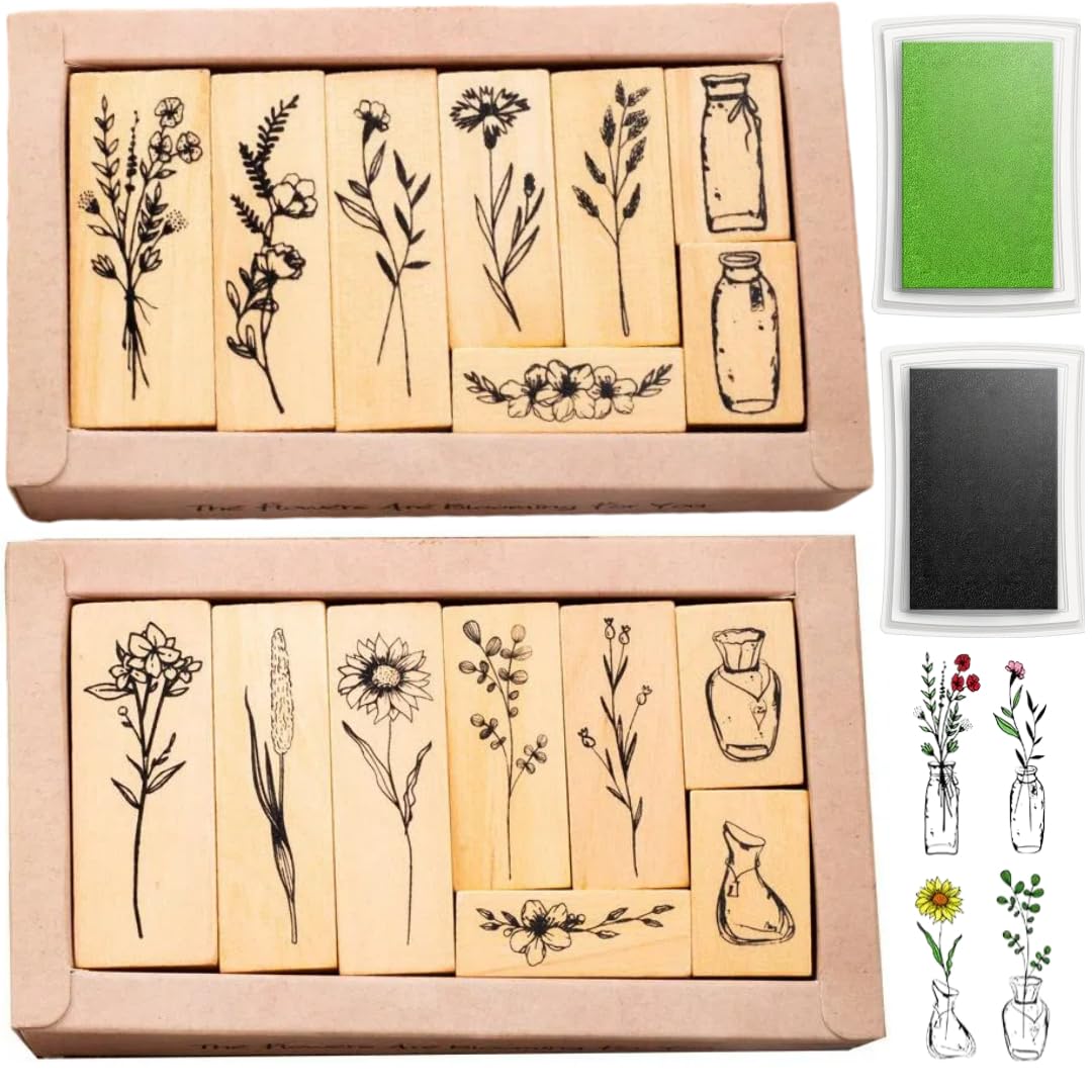 18 Pcs Stamps for Crafting, 2 Styles Plant Rubber Stamps for Crafting, Green and Black Ink Stamps, Wooden Flower