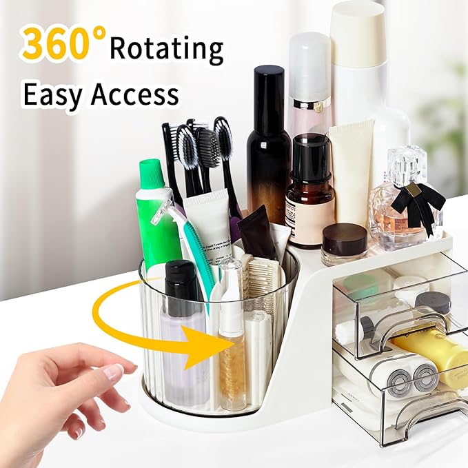 Toothbrush Holders for Bathrooms, Rotating Bathroom Countertop Organizer with 2 Drawers, Tooth Brush Toothpaste Holder, Bathroom Counter Organizer Caddy for Vanity Makeup Brush Holder