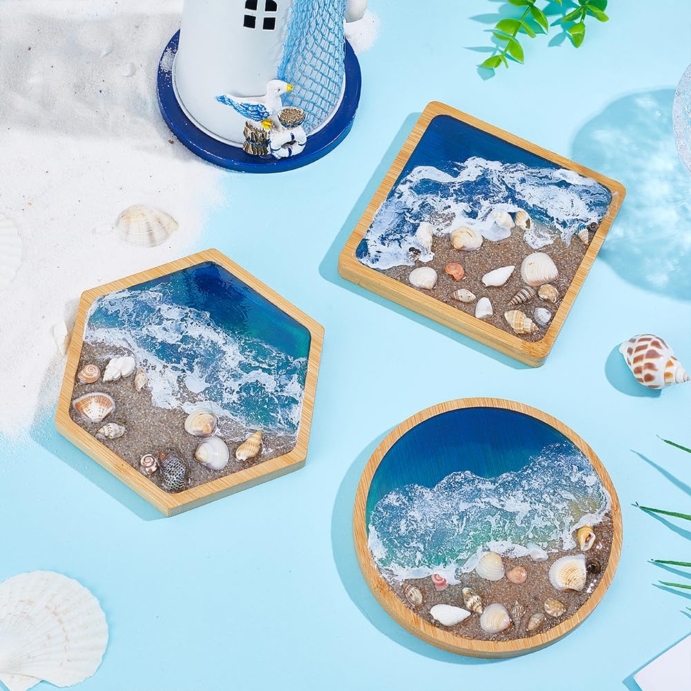 WEBEEDY 3 Sets Resin Bamboo Coaster Resin Complete Set with Trays, Pigment, Seashells & More, DIY Drink Coaster Making Kit for Adults Beginners Office Home Decor Art Clear Craft