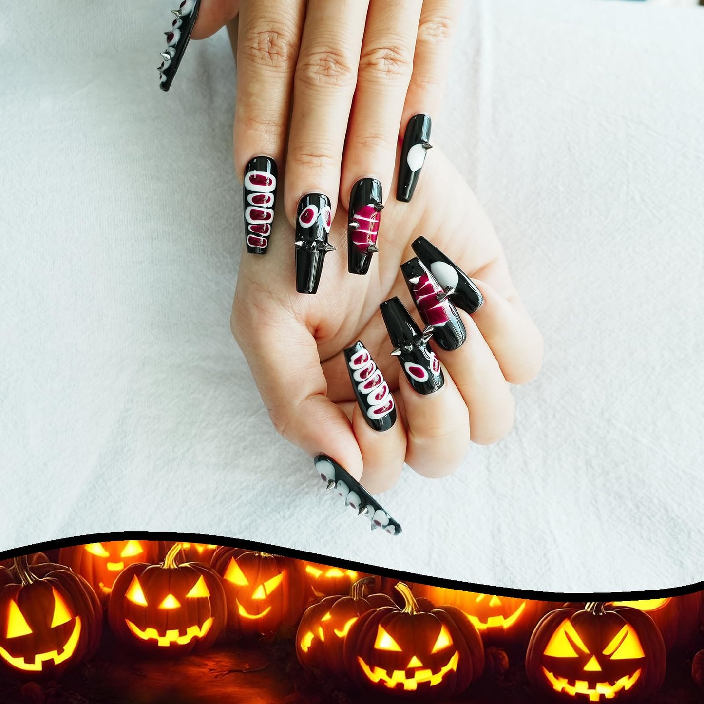 Tesytto Snake Press on Nails Long Coffin Y2K Edgy Design - 3D Metal Studs Charms Punk Goth False Nails, Reusable False Nails for Halloween, Parties (Snake Skin,M)