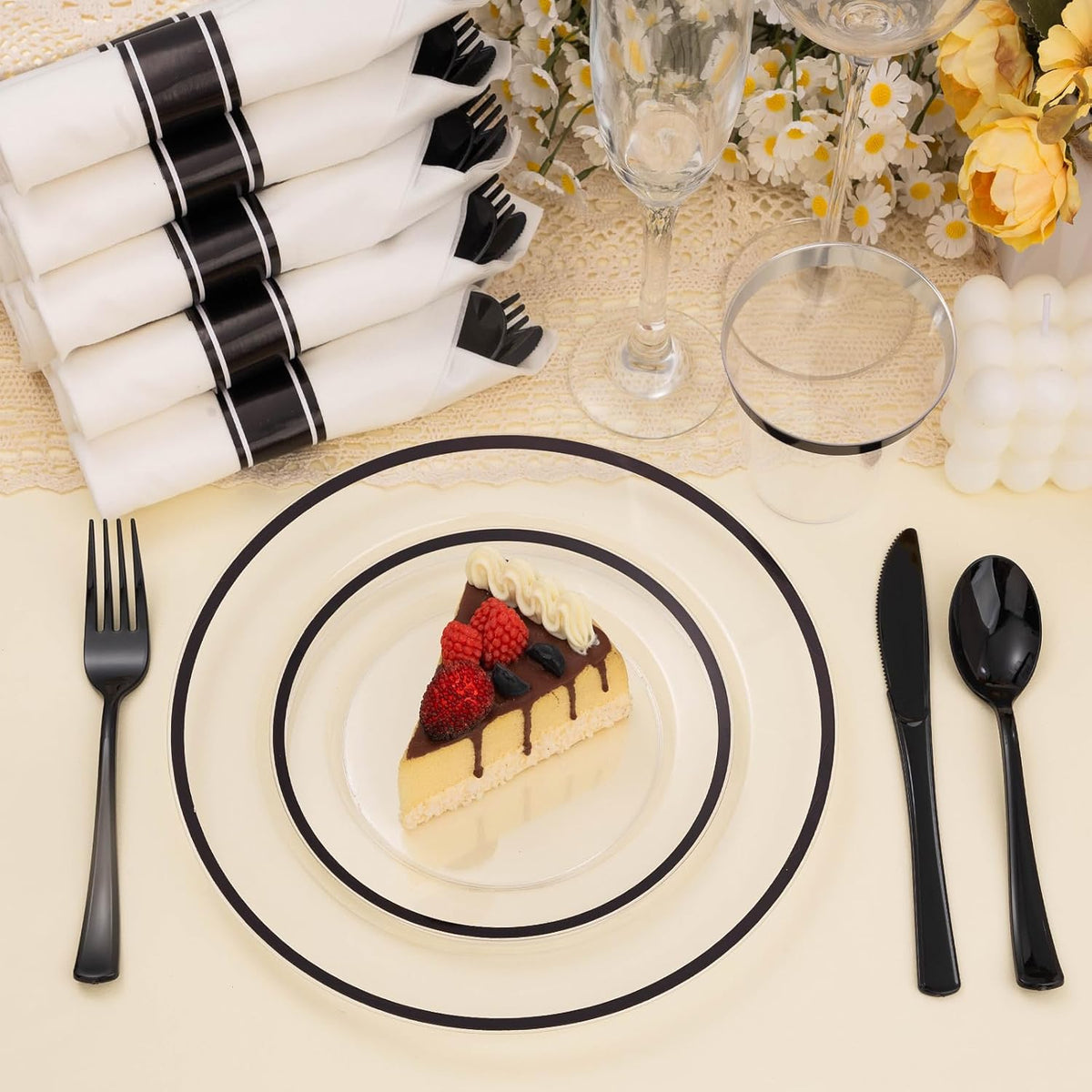 350PCS Clear and Black Disposable Plates Set for 50 Guests, 100 Plastic Plates, 50 Plastic Cups, 50 Pre-Rolled Napkins with Cutlery for Party, Thanksgiving, Birthday, Halloween, Christmas