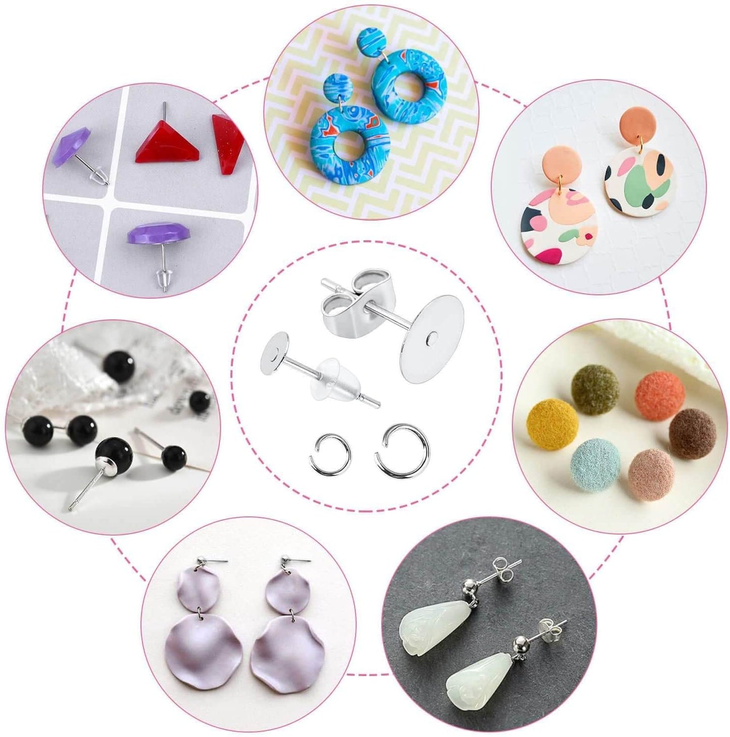 Caffox Hypoallergenic Earring Posts and Backs, 1800pcs Stainless Steel Stud Earring Kit with Earring Base Studs, Earring Backs and Jump Rings for Clay, Resin, Pearls, Jewelry Making and Crafting