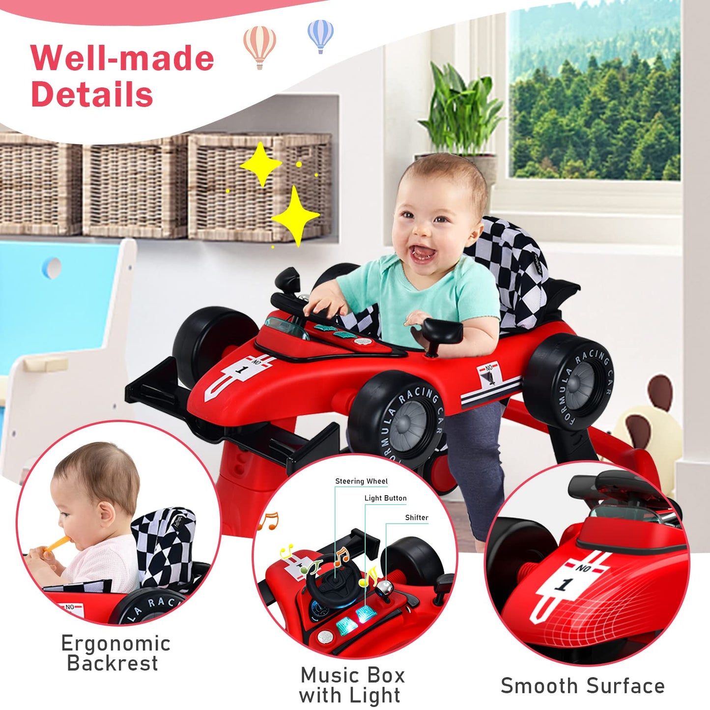 BABY JOY 4-in-1 Baby Walker, Foldable Activity Walker with Adjustable Height & Speed, Music, Lights, Anti-Rollover, Toddler Push Walker, Baby Walker with Wheels for Boys Girls 6-18 Months (Red)