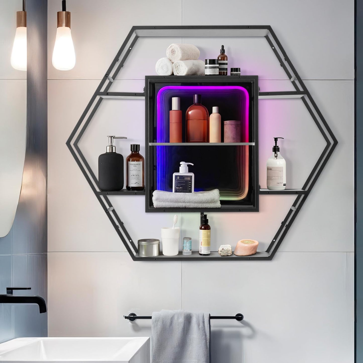 FUSLITE Infinity Mirror Gaming Floating Shelves with LED Lights, Hexagon Wall Mounted LED Shelf with RGB App Control, 36.6" Large Display Rack for Gaming Room Decor, Action Figures, Collectibles