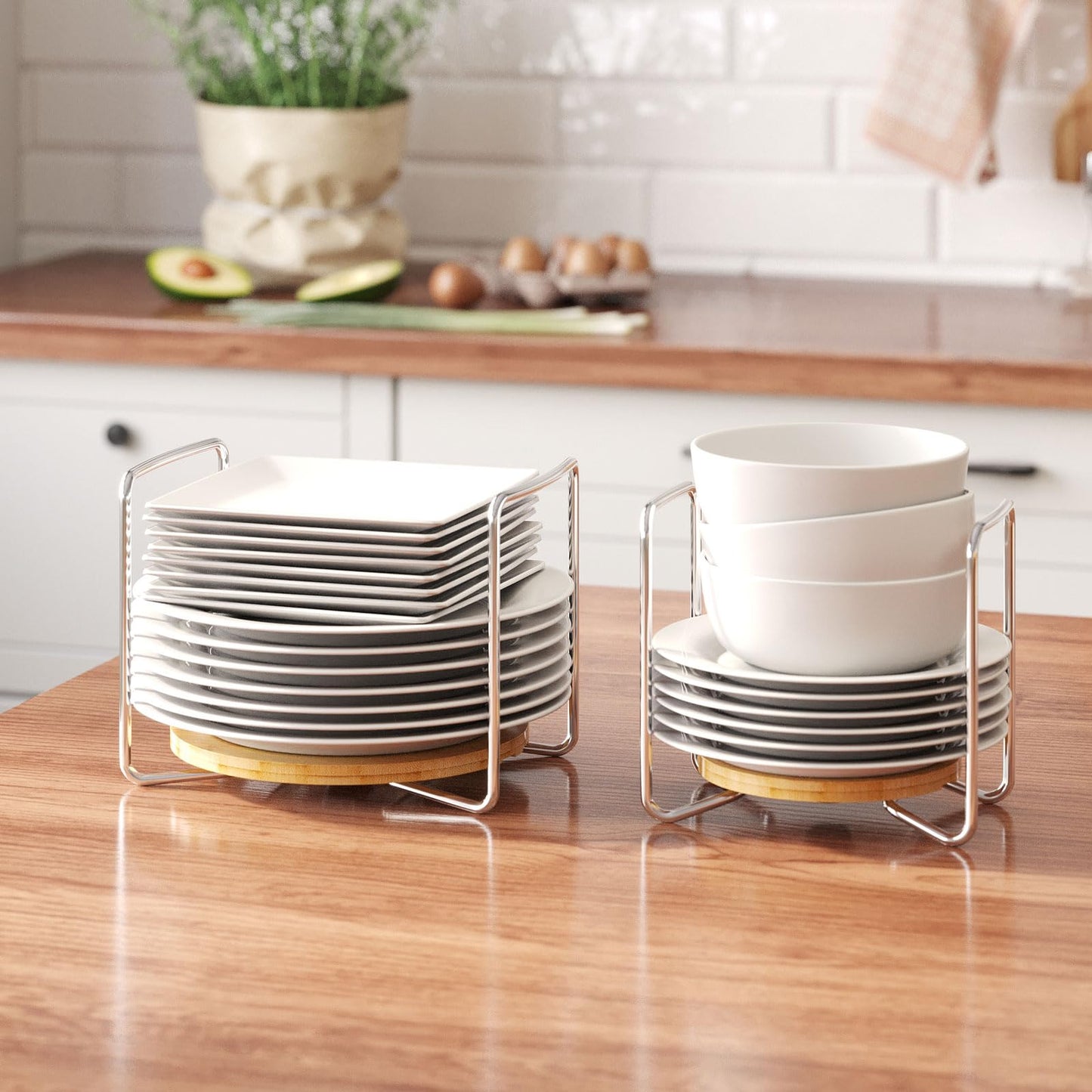 Dish Rack for Kitchen Countertop Organizer - Bamboo Plate Organizer for Cabinet Space Saver, Adjustable Stainless Steel 304 Plate and Bowl Holder with Portable Handle for Drawer Cupboard Shelf RV