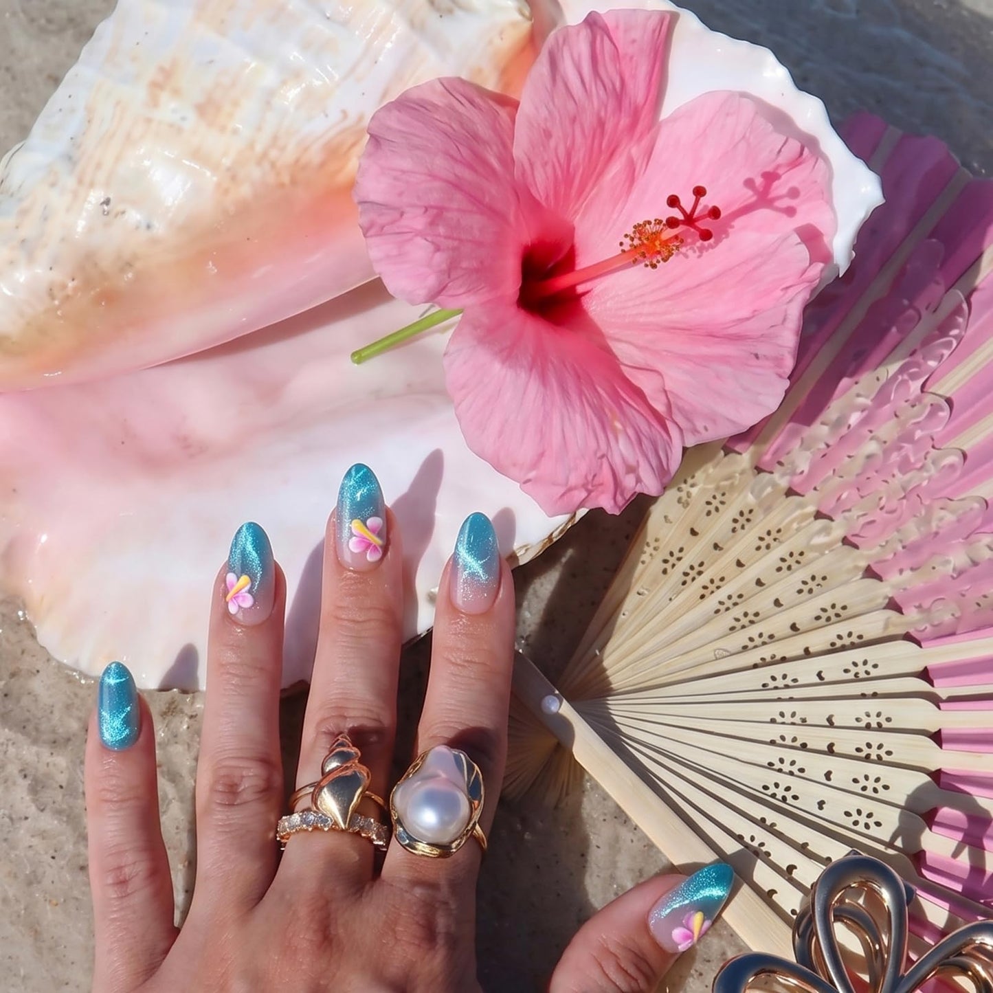 BTArtbox Press On Nails Short - Blue Holiday, Easy-to-Apply 3D Petals Cat Eye Almond Press On Nails with Glue and Adhesive Tabs in 16 Sizes - 32 Nails All-in-One Kit