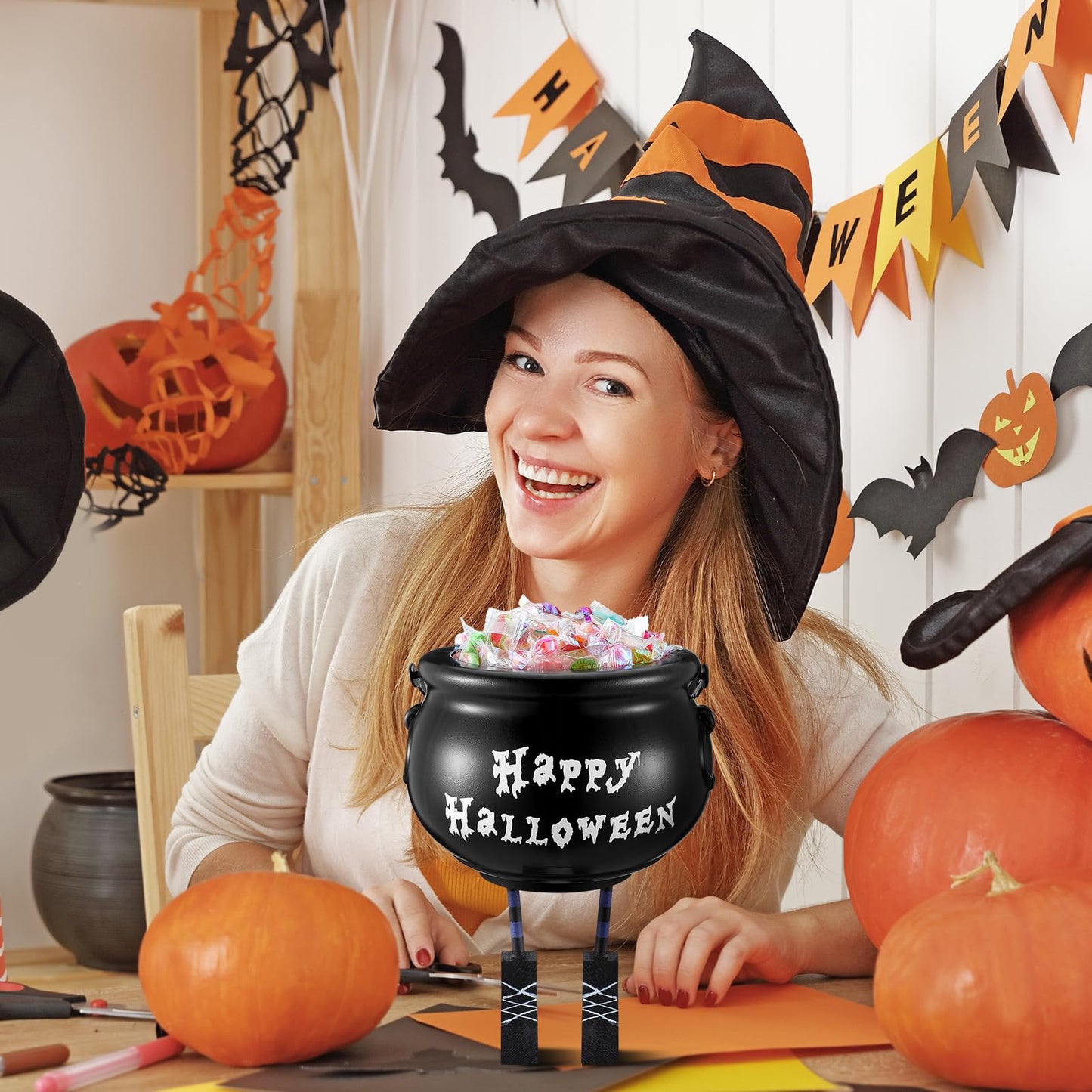Shappy Halloween Decorations Cauldron Candy Bowl 8 Inch Plastic Black Witches Legs Candy Dish Bucket for Halloween Decor with Stickers Kitchen Trick or Treat Party Supplies Home Indoor Decor