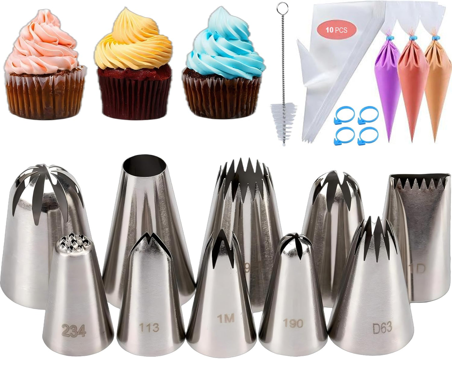 MDLJG 25 Pcs Extra Large Piping Tip Set, Stainless Steel Frosting Piping Kit,Pastry Cake Decorating Tips Baking Tools For Cookies Cupcake Decorating Kit (902 234 113 1M 190 D63 1D 9FT 1C R16L)