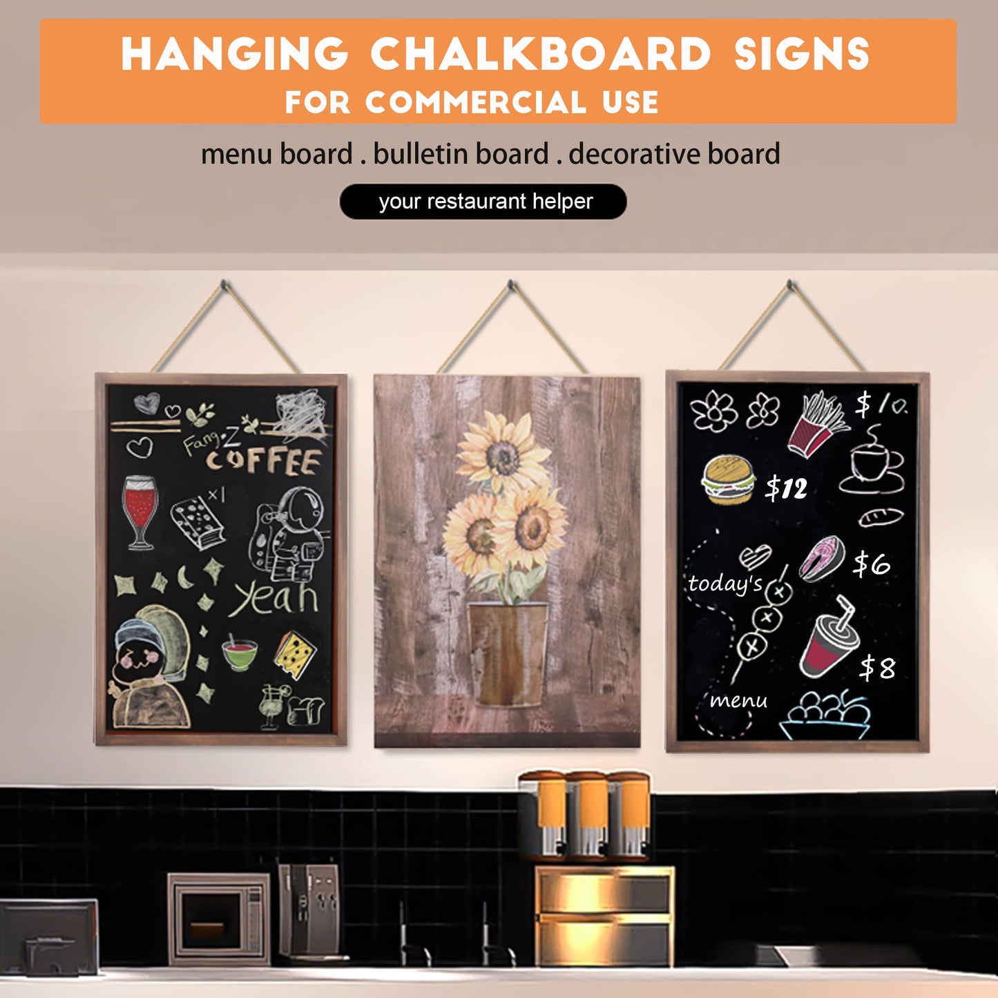 SELEAD 2-Pack Solid Wood Frame Chalkboard Signs with Dustless Chalk - 12"x16" Small Wall Hanging Chalk Board, Double-sided Message Menu Board + Rustic Sunflower Art Decor for Business, Home, Farmhouse