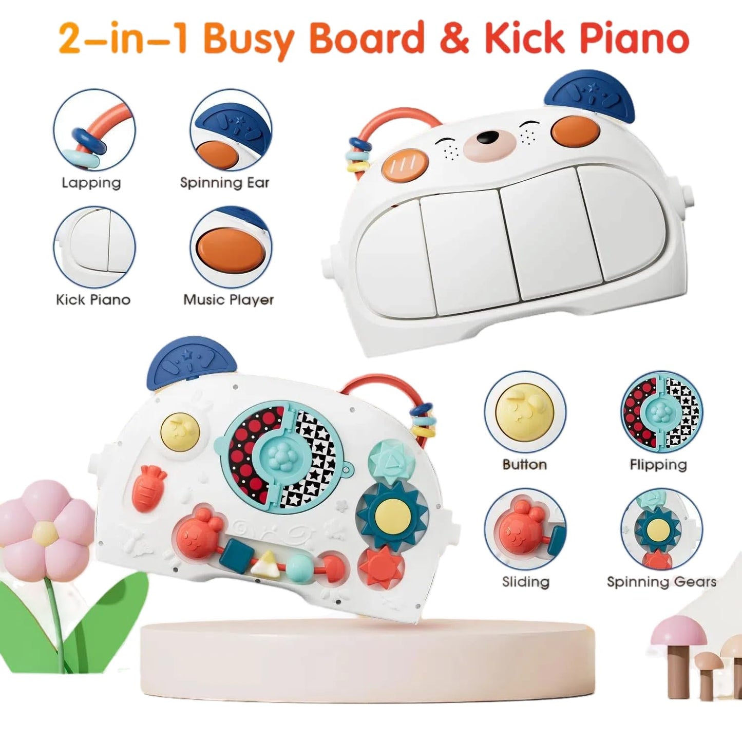 Baby Play Gym Mat, Kick and Play Piano Mat for Babies, Infant Tummy Time Activity Playmat with 5 Detachable Toys, Easy to Install & Clean