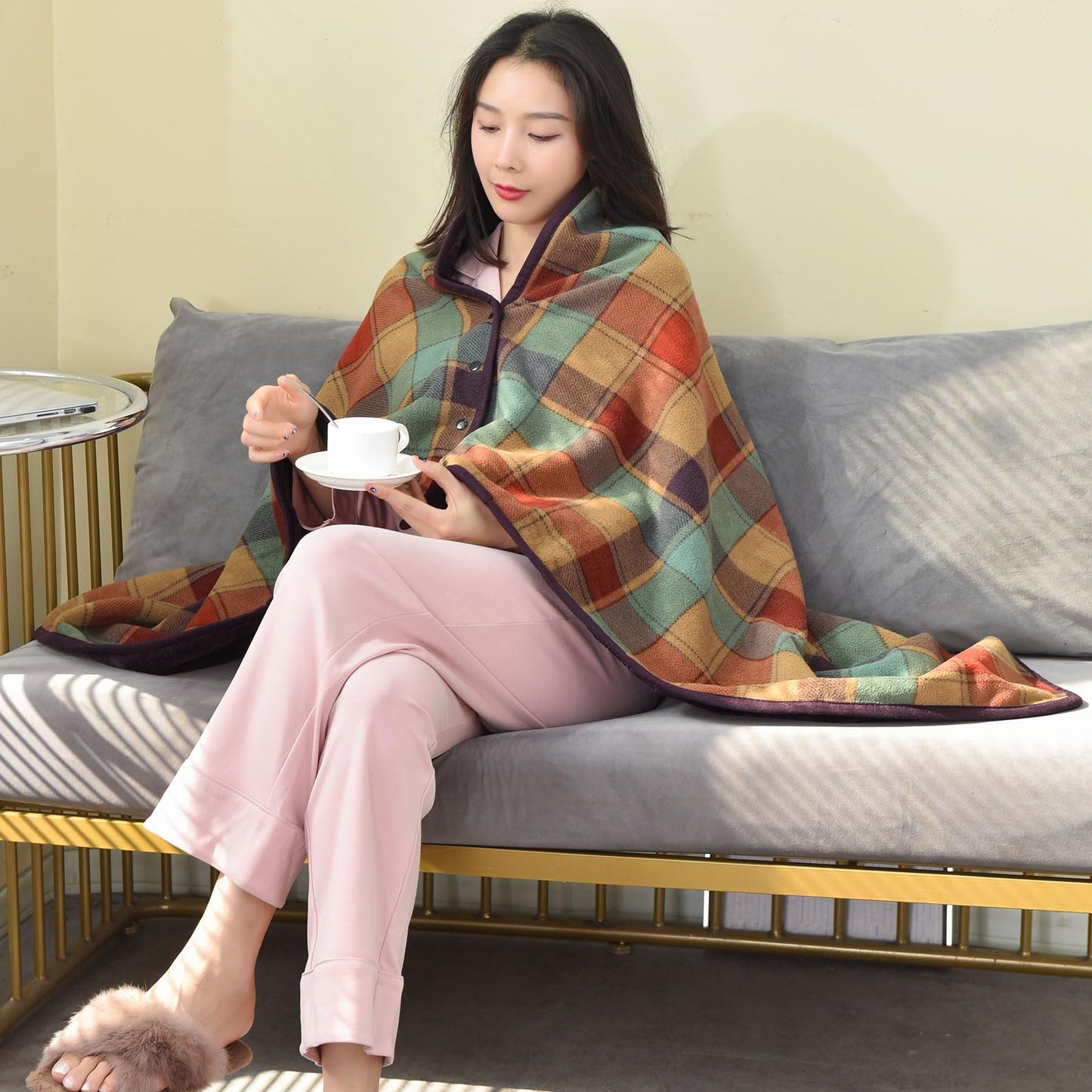 forestfish Fleece Wearable Blanket, Plaid Lap Blanket Comfy Poncho Throw with Buttons for Bed Sofa Office
