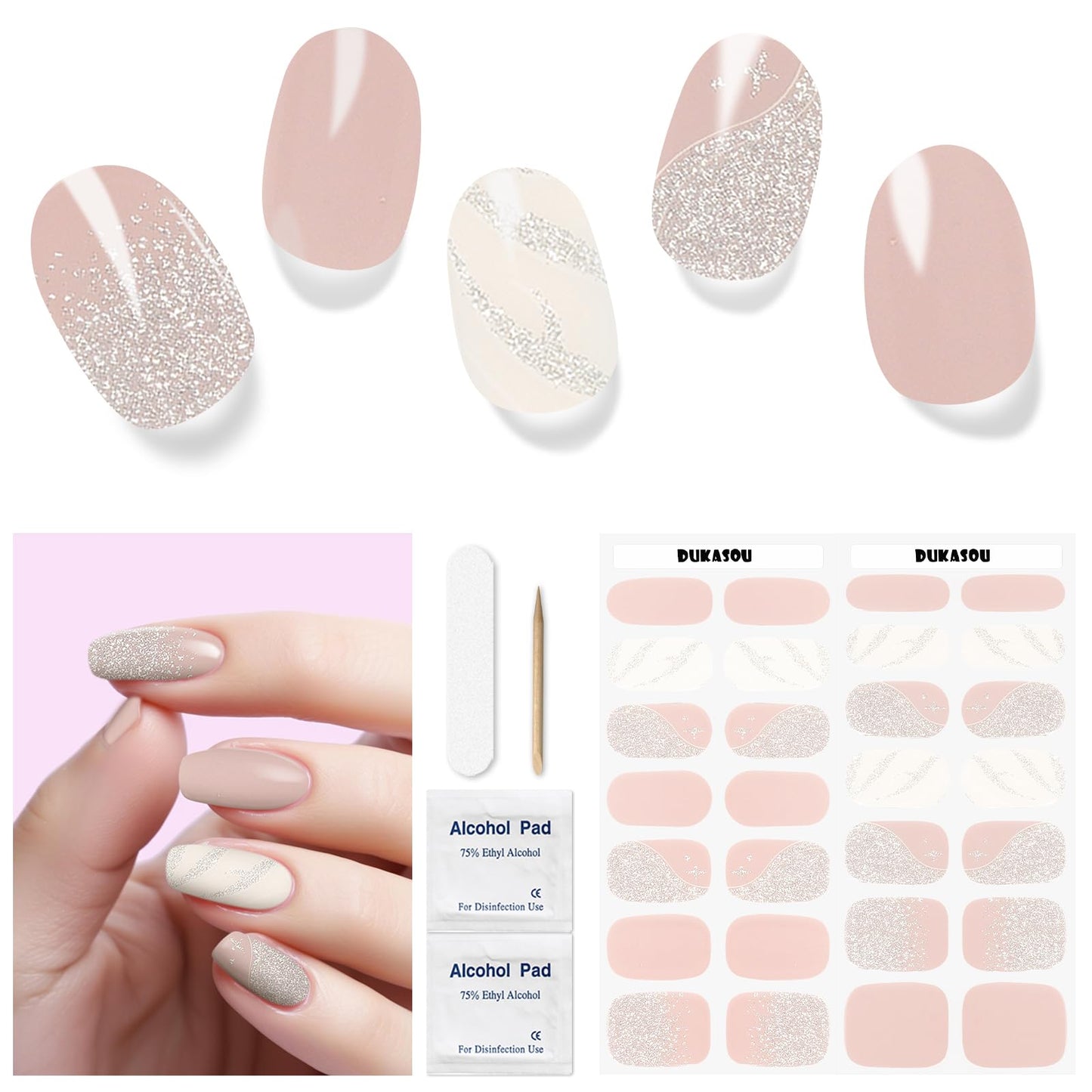 DUKASOU Semi Cured Gel Nail Strips 28 pcs French Nail Stickers for Women (Creamy) Full Nail Wraps -UV Lamp Required Long Lasting Easy to Apply