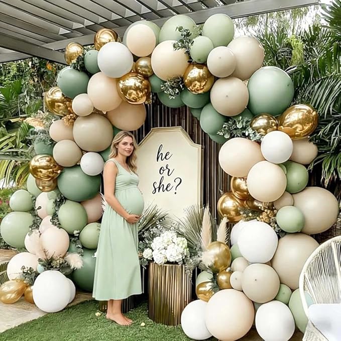 Dusty Green & White Gold Balloon Arch Kit, Double Stuffed – Sage Green, Sand White, Beige, Olive & Metallic Latex Balloons for Baby Shower, Bridal & Wedding