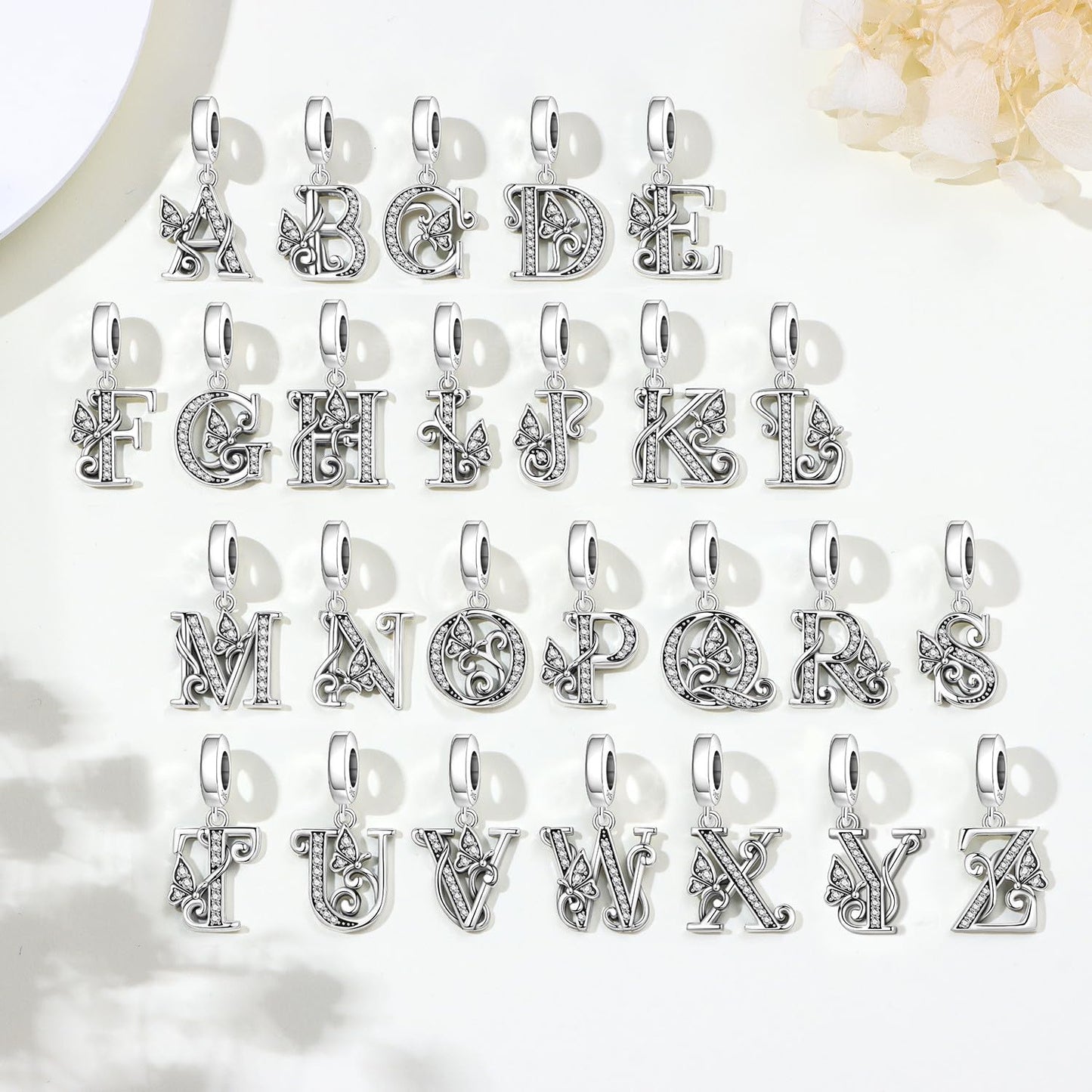 PANPOKI 2 Pack 925 Sterling Silver Butterfly Letter Charms for Bracelets and Necklace Alphabet Dangle Pendants Round Spacer Beads Pave Cubic Zirconia Jewelry Gift for Women (S Set)