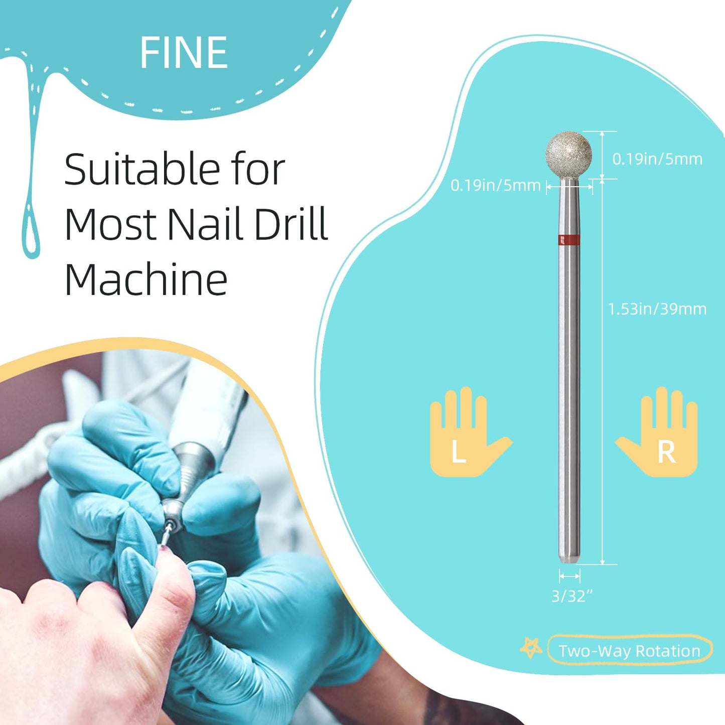 HYTOOS 5mm Ball Cuticle Clean Nail Drill Bits 5Pcs/Set Russian Diamond Nail Bit Professional Safety Under Nail Cleaner Burr for Cuticle Dead Skin, Electric Nails Drill Accessories, Fine