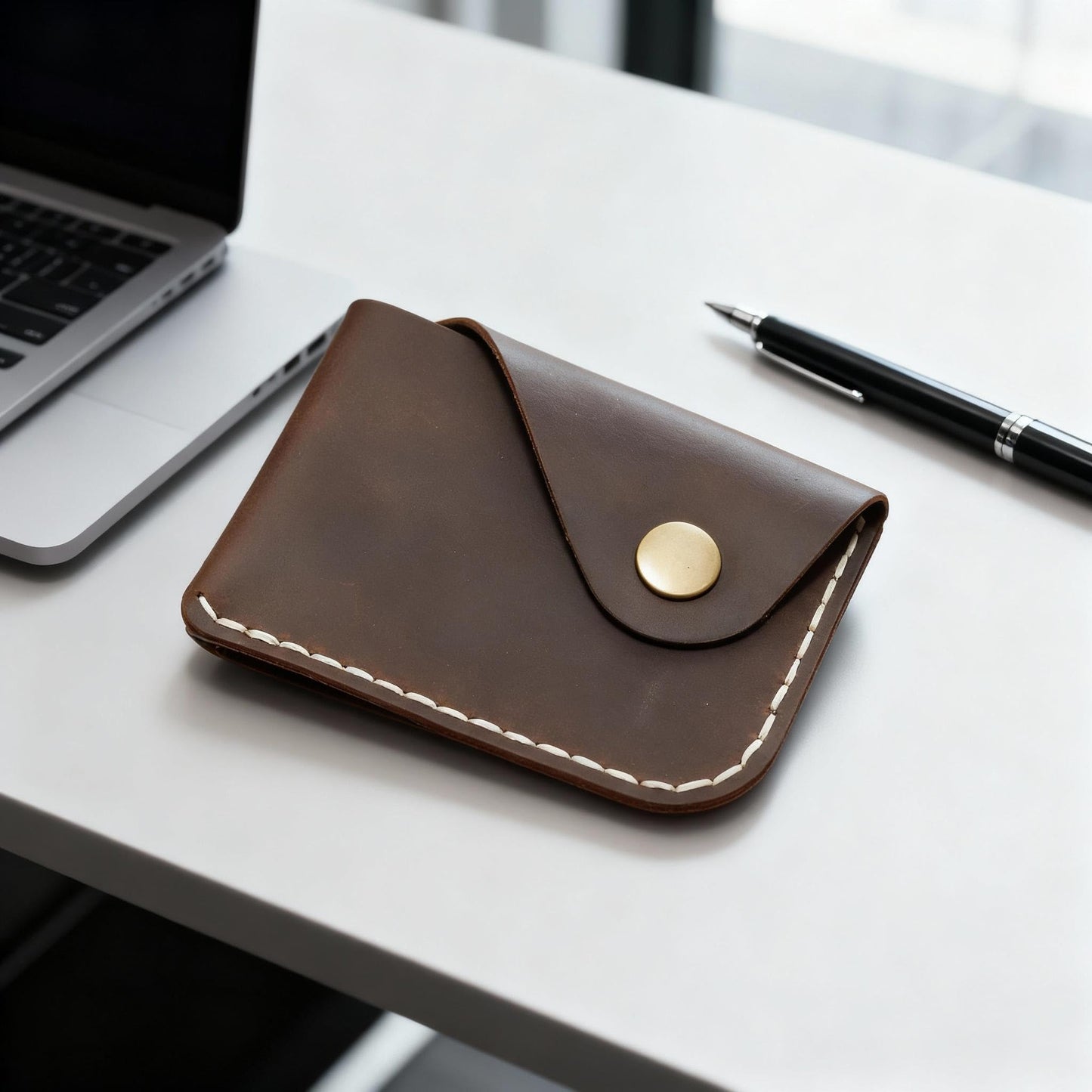 Handmade Genuine Leather Card Holder with Snap Closure - Ultra Slim Minimalist Wallet, Hand-Stitched Compact Front Pocket Card Case for Men & Women (Dark Coffee)