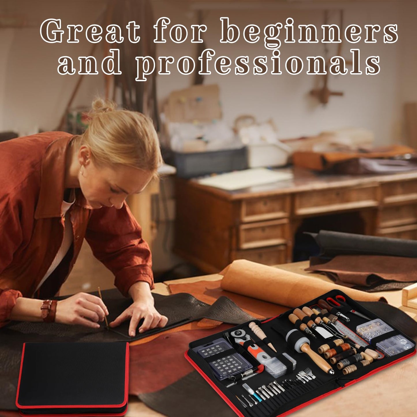 SOCNITC Leather Craft Tools, Leather Working Kit with Snaps and Rivets Kit Stamping Tools Stitching Groover Waxed Thread Punch Hole for Leathercraft Adults, Beginners