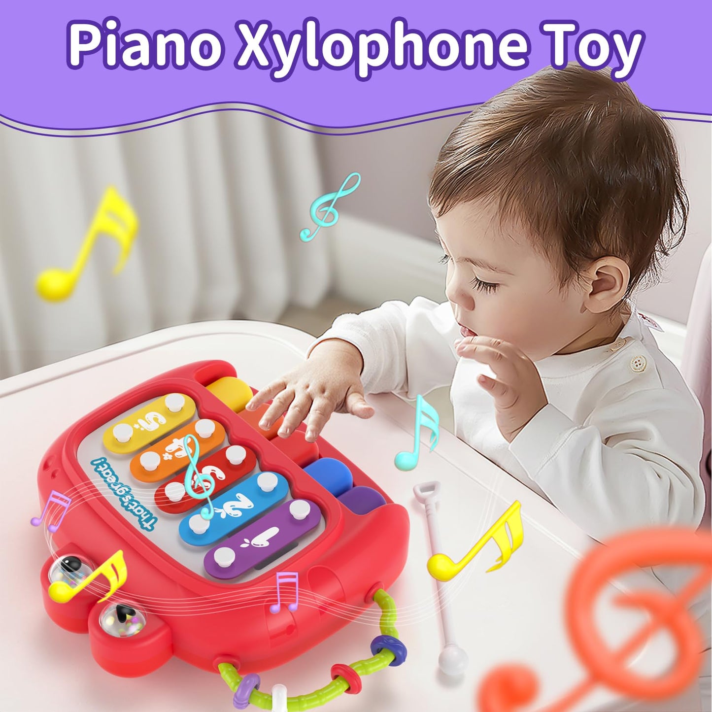 usrela 4 in 1 Baby Toys for 6 12 18 Month, Learning Toys for Babies 6-12 Months, Busy Cube, Stacking Sorter, Piano Xylophone Pull String Travel Toy, Birthday Gifts for Toddlers 1 2 Years Old