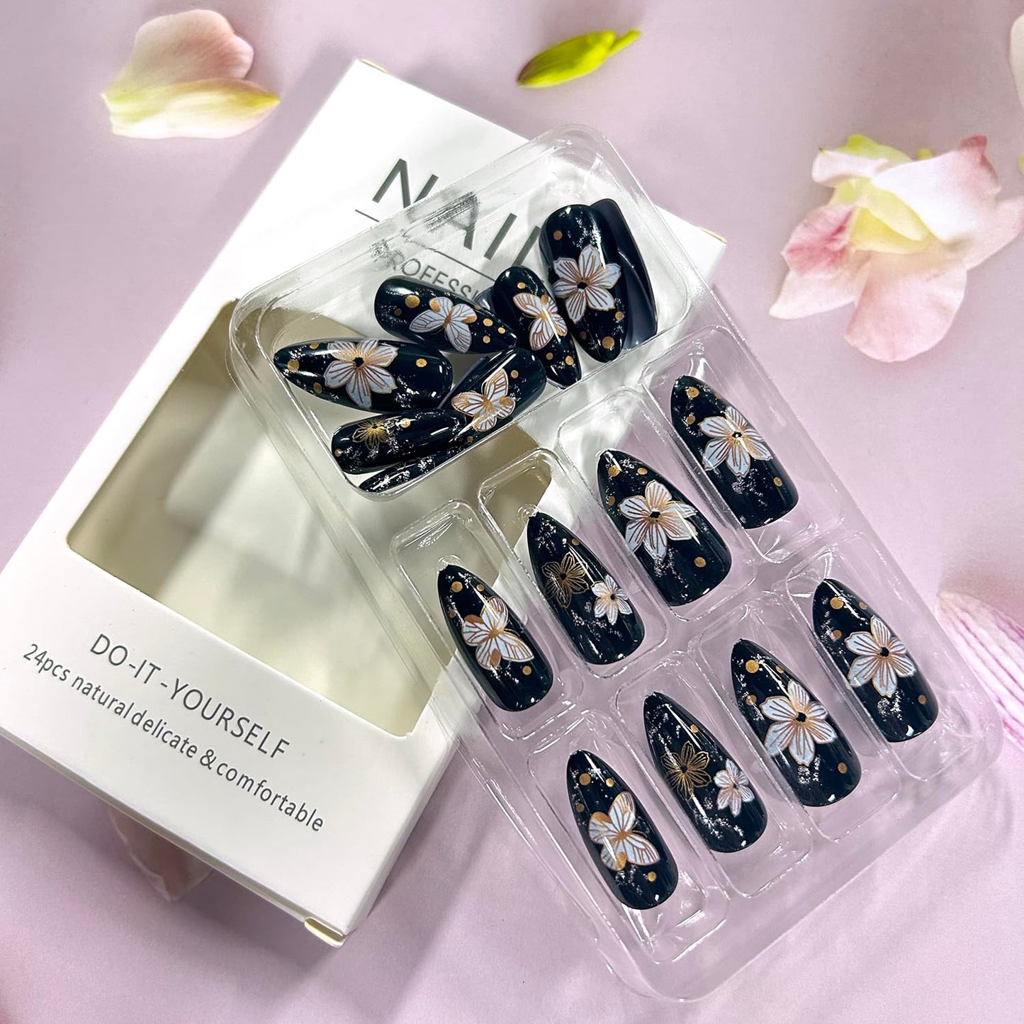 Flower Black Press on Nails Medium Artificial Acrylic False Nails Metal Butterfly with Stick on Nail Full Cover Rhinestones Almond Reusable Coffin Artificial Floral Fingernails for Women Manicure