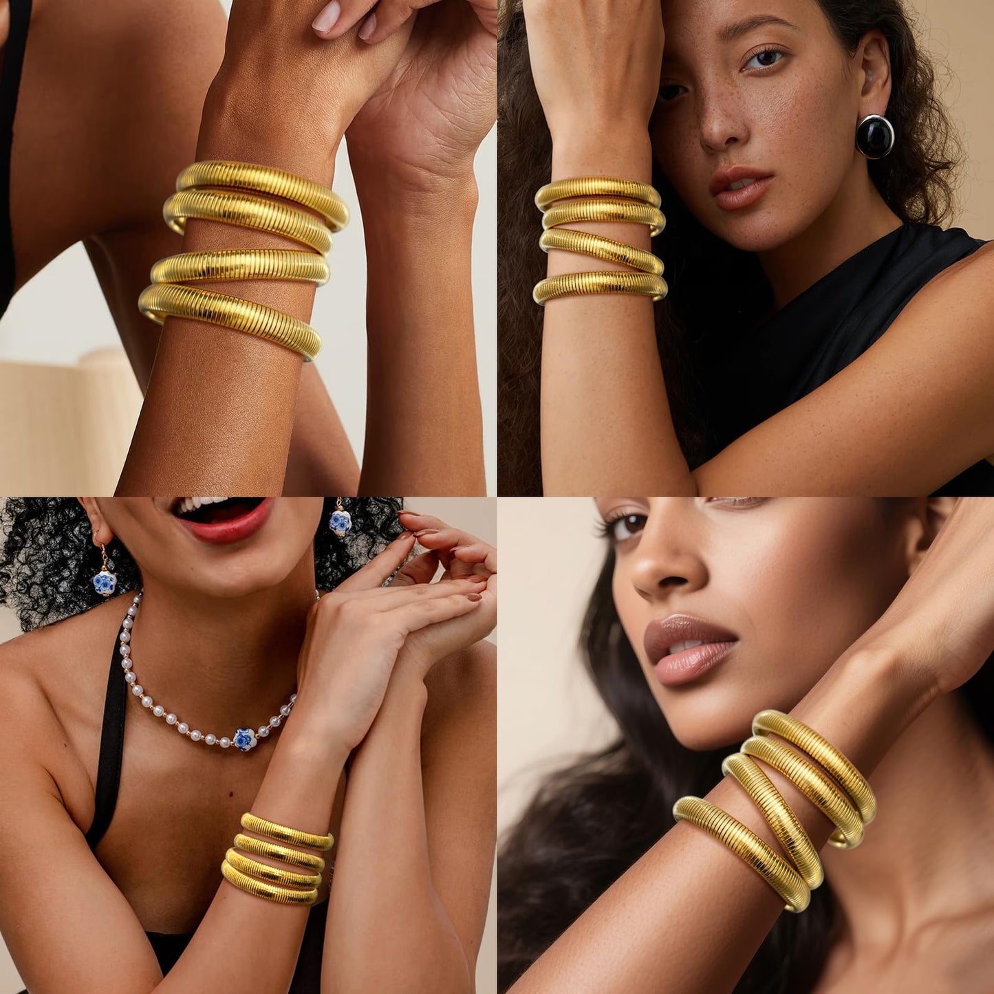 Giovanchi 18K Gold Plated Bangles for Women Set of 4 Chunky Stretch Bangles Bracelets Stainless Steel Bracelets Flexible Wide Stack Bracelets for Women