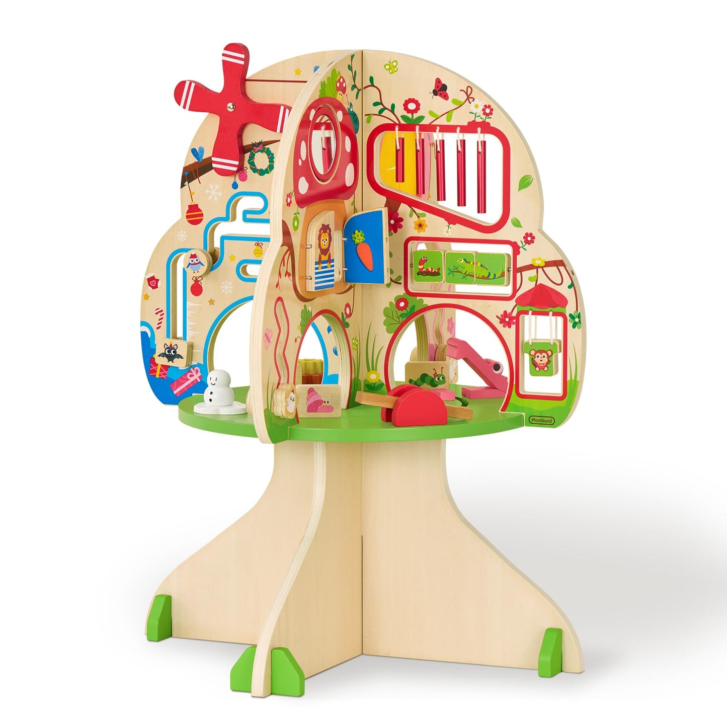 Monläurd® Montessori Wooden Tree Activity Center, Sensory Table & Busy Board for Toddlers 1-3, 4-Season Learning Activity Cube for Playroom & Daycare