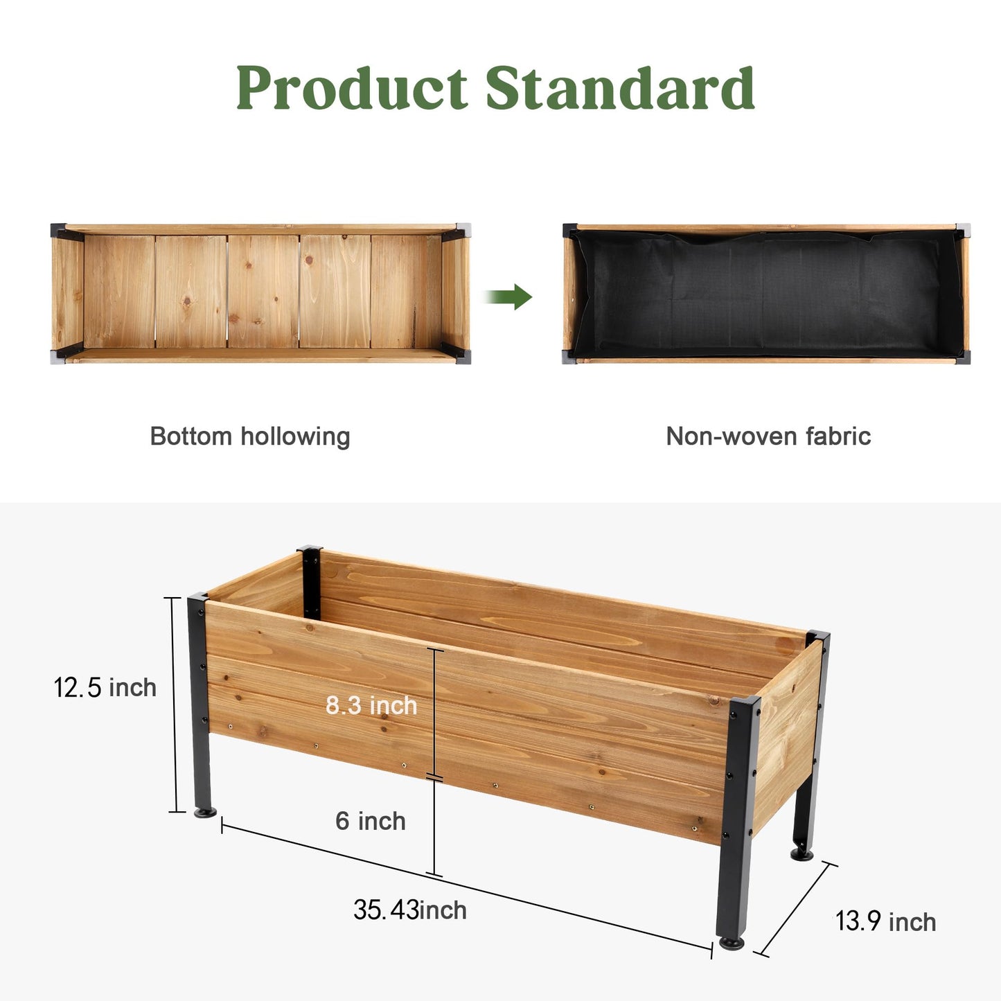 Borsynium Wooden Rectangular Flower Box with Low-Iron Legs, Planting Bed for Flowers and Vegetables, Suitable for Garden and Balcony. Dimensions: 35.43×13.9×12.5 inches