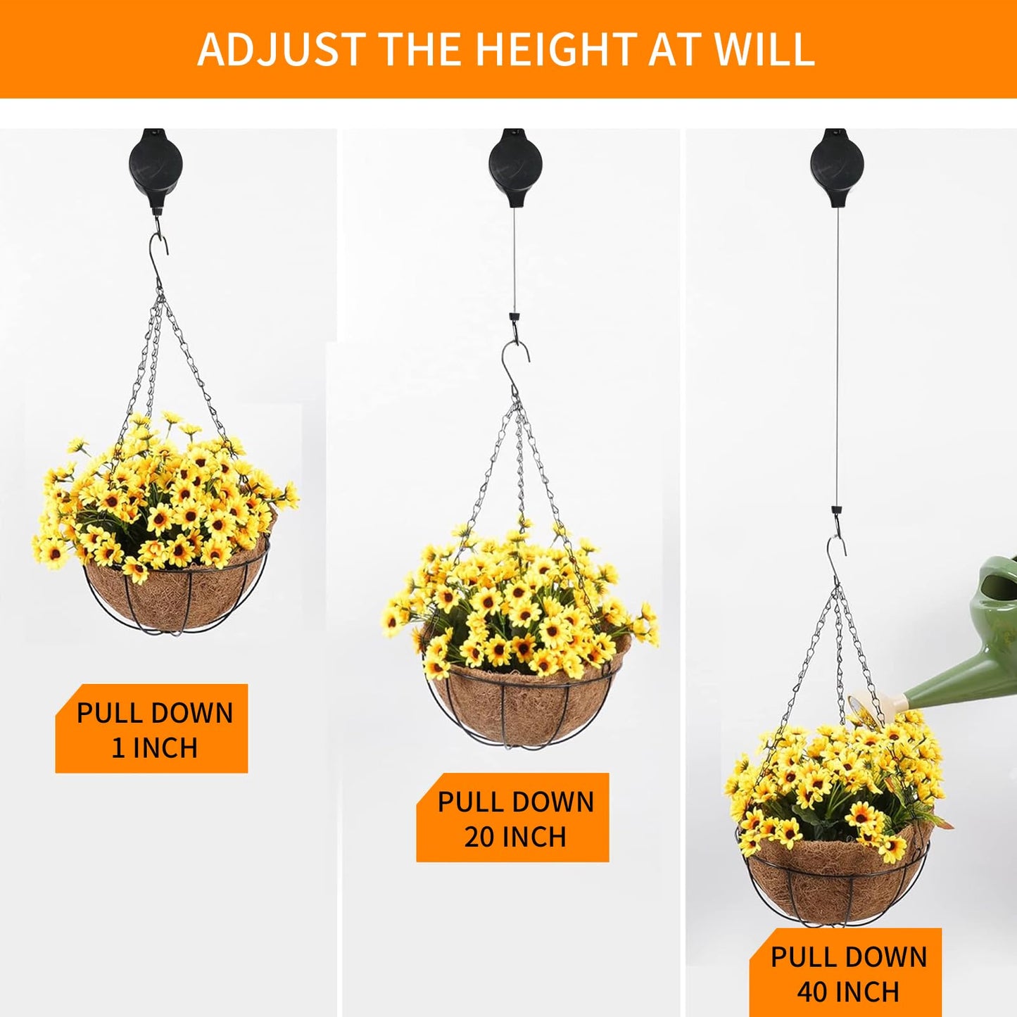 HOGXUAE 3Pack Retractable Plant Hanger Pulley System with Adjustable Rope Clips-Heavy-Duty for Indoor & Sheltered Outdoor Use(Max 15kg)