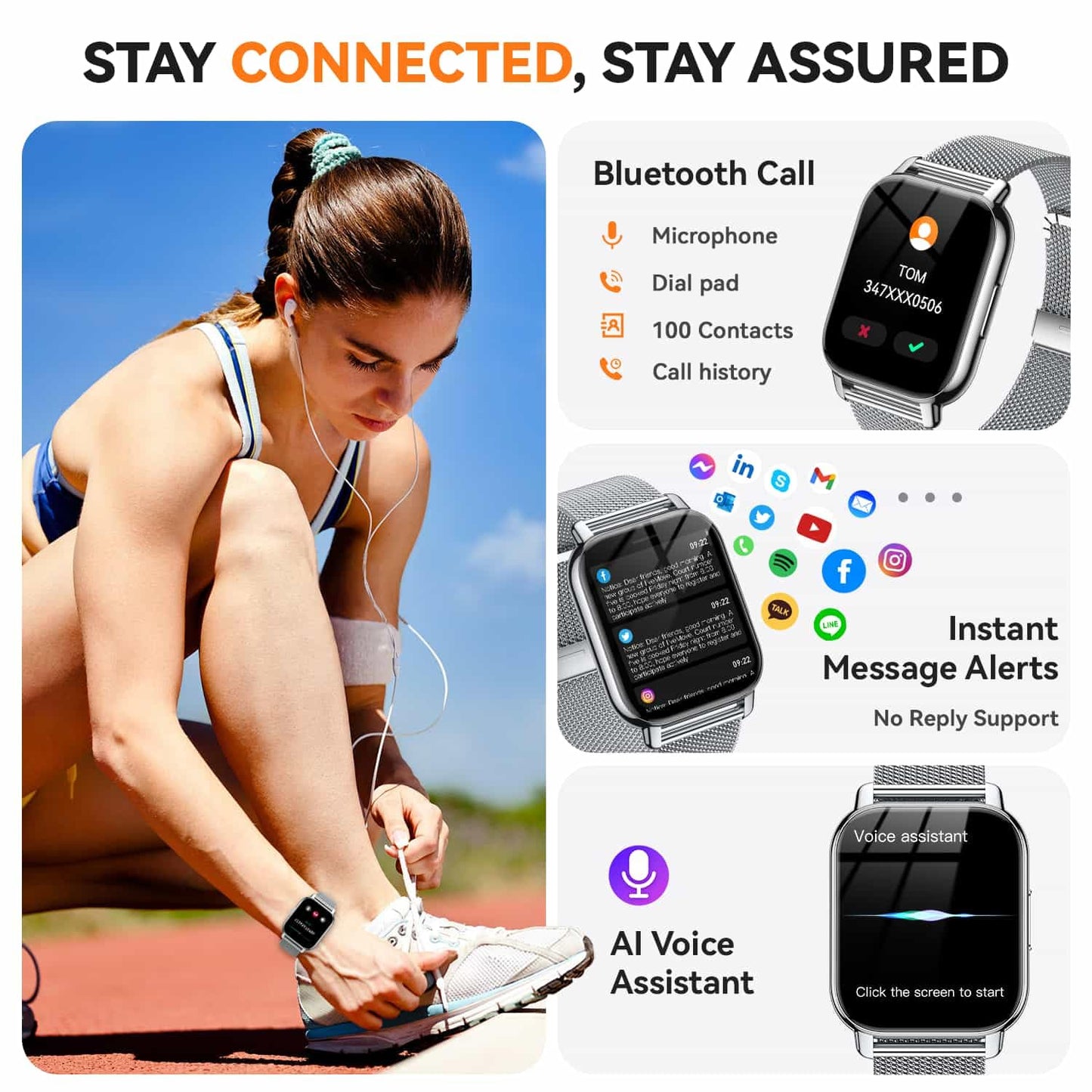 Smart Watch for Women(3 Bands), Smartwatch Fitness Tracker with Bluetooth Calls & AI Voice Control, 1.85’’ HD Screen, Heart Rate/SpO2 Monitor, Sleep Tracker, Compatible with Android iOS (Silver)
