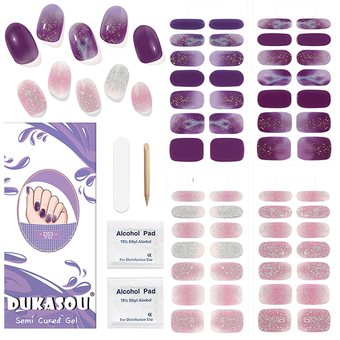 DUKASOU Semi Cured Gel Nail Strips, 56Pcs Nail Art Stickers/Wraps, Long Lasting UV Nail Polish Strips for Adults(Pink+Purple)