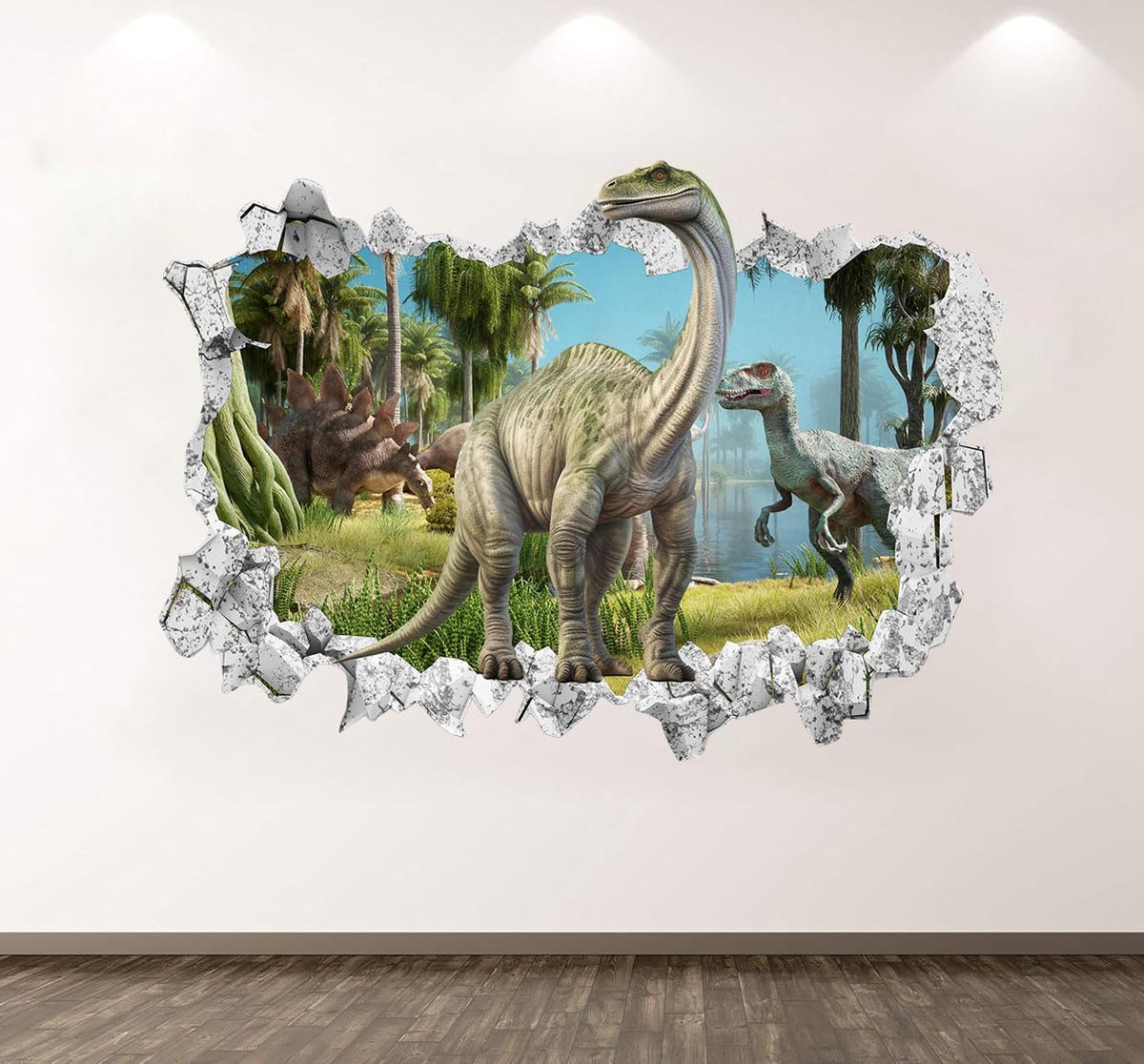 Large 3D Dinosaur Wall Stickers (31.7”x 22.5”), Dino Broken Hole Vinyl Wall Decals, Removable Forest Dinosaur Animal Wall Art for Kids Boys Bedroom Playroom Decor
