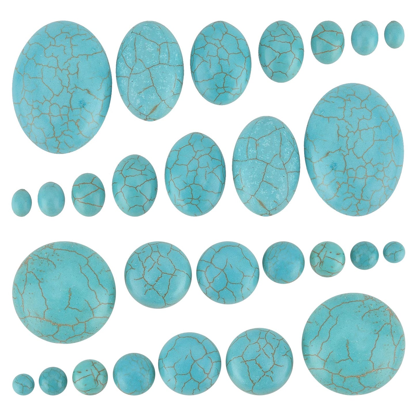 PH PandaHall 84pcs Synthetic Turquoise Stone Cabochons, 7 Sizes Blue Texture Gemstone Tiles Oval Flat Round Dome Bead Stone Cabochon Tile for Bracelet Necklace Earrings Cameo Jewelry Making, 6~40mm