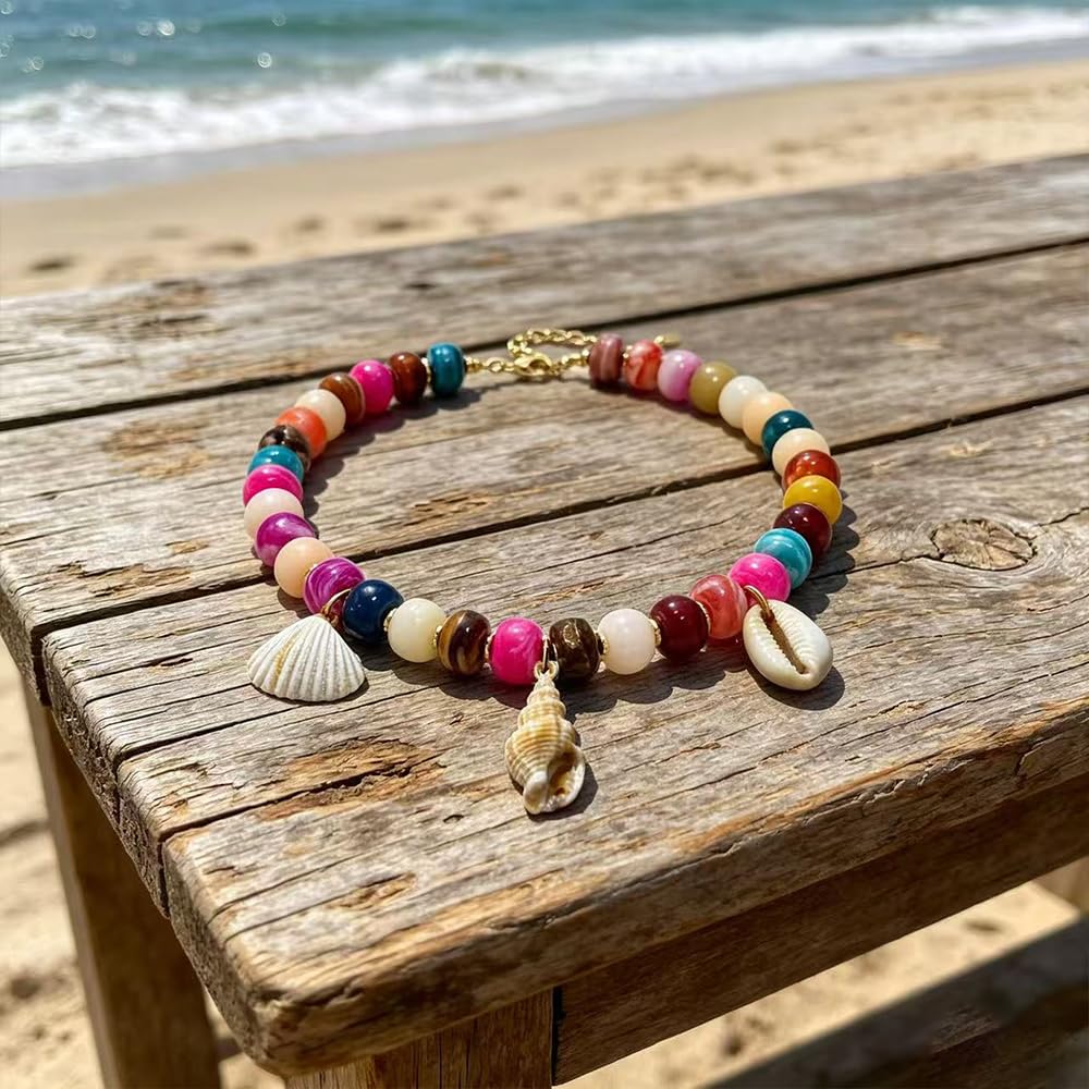 ROYNRAU Chunky Colorful Beaded Necklace for Women-Unique Resin Beads Starfish Shell Charms Pendant Choker Necklaces Boho Statement Summer Vacation Beach Jewelry (Conch-Sharp)