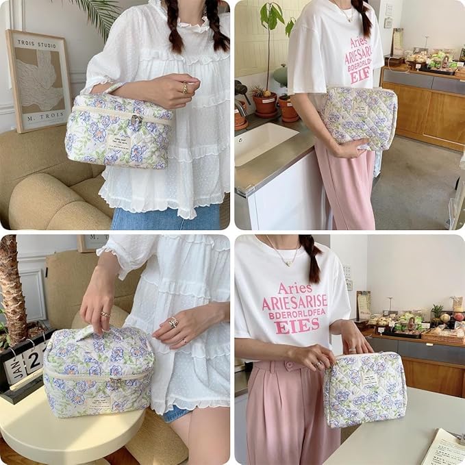 Makeup Bag Travel Essentials Quilted Cosmetic Toiletry Pouch Organizer Insert for Women Dorm Room Essential Gift Large Capacity Opening Lightweight Cute Aesthetic Portable 2PCS (Flower)